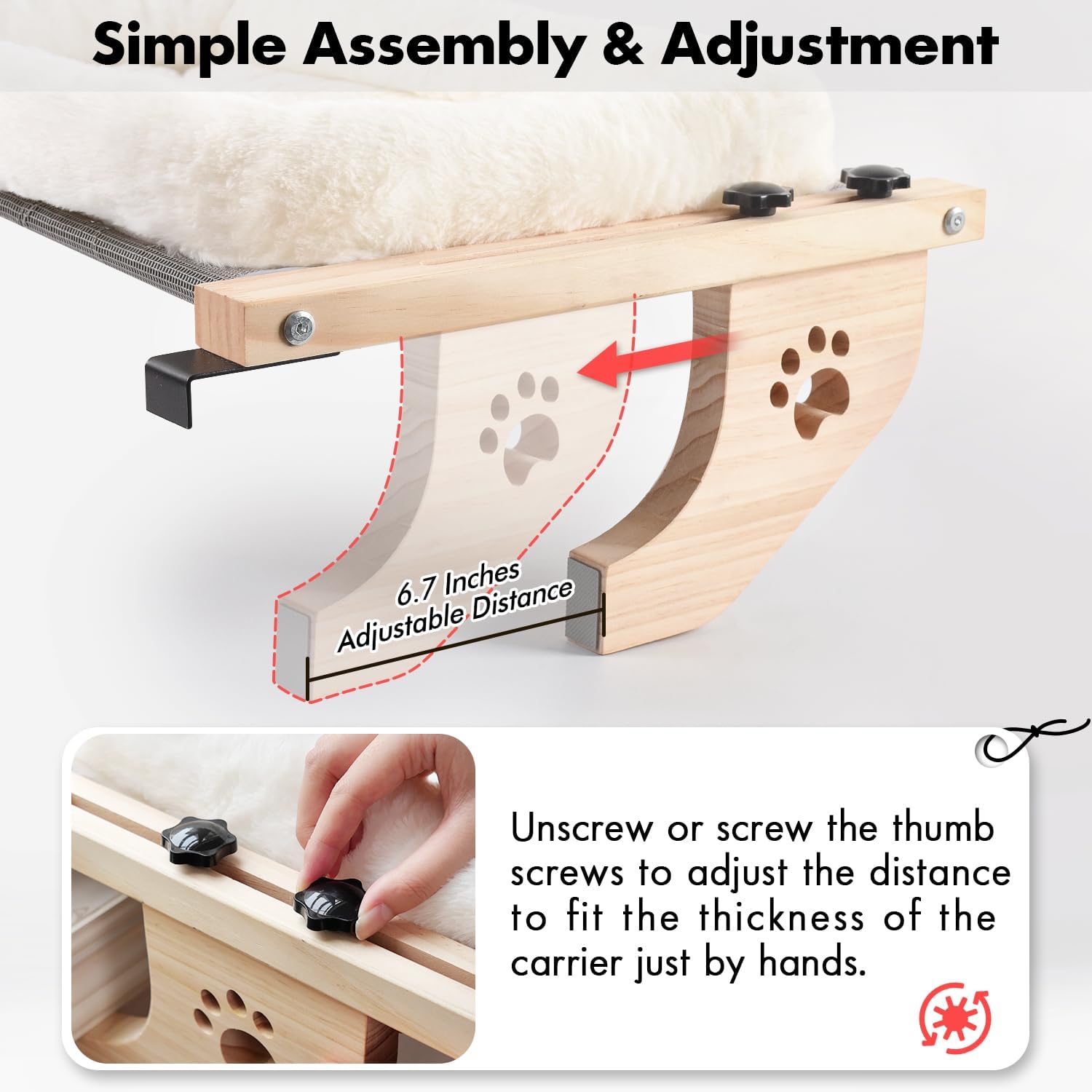 AMOSIJOY Asiento de hamaca resistente para gatos con funda de cama acolchada, marco de madera y metal para gatos grandes, fácil de ajustar alféizar