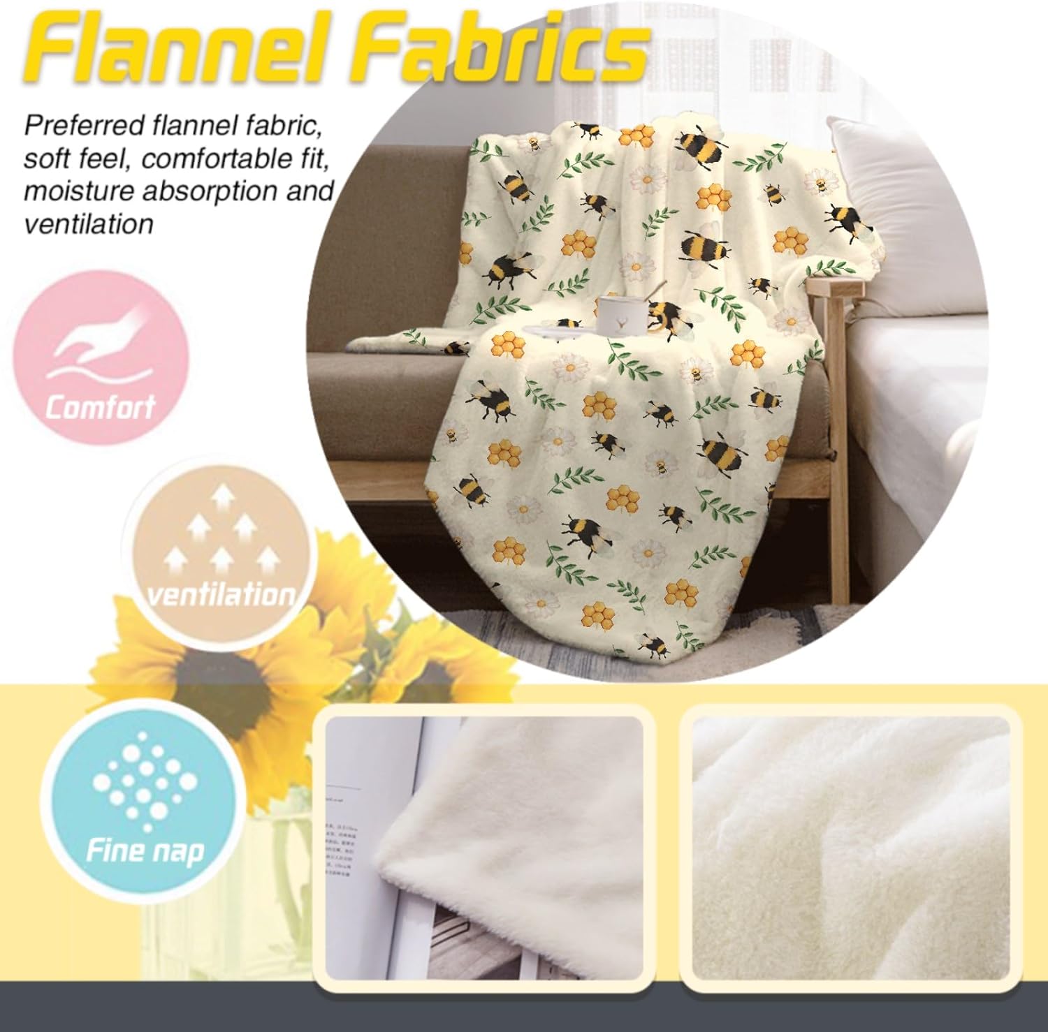 Manta ligera de franela con diseño de girasol de abeja, regalo para niñas en todas las estaciones, para cama, sofá, 30 x 40 pulgadas, para