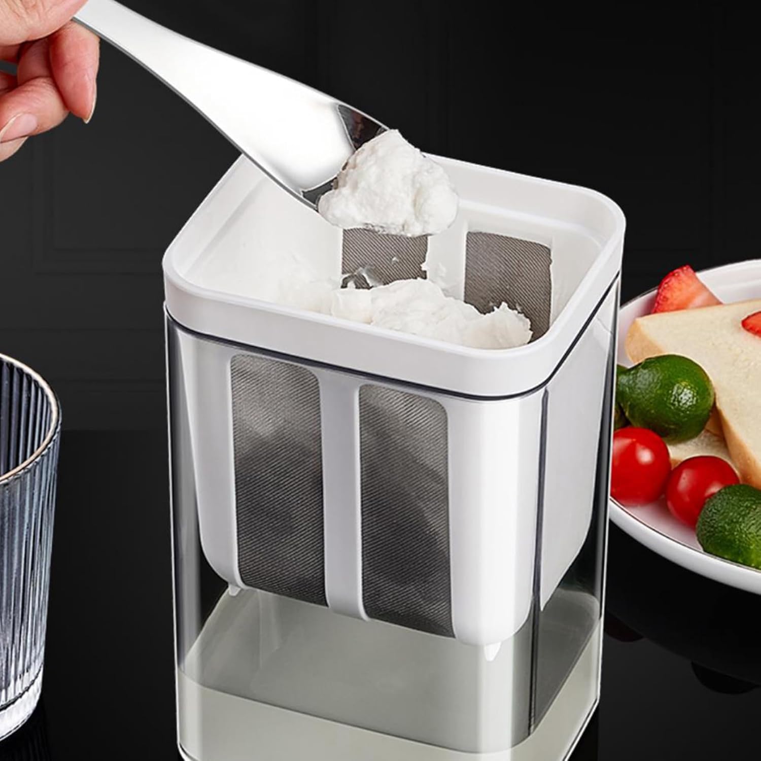 Colador de yogur para hacer yogur, 37.2 fl oz Bpa- Colador de queso con una malla fina Bsg y tapa, filtro de jugo a prueba de fugas, fabricante de