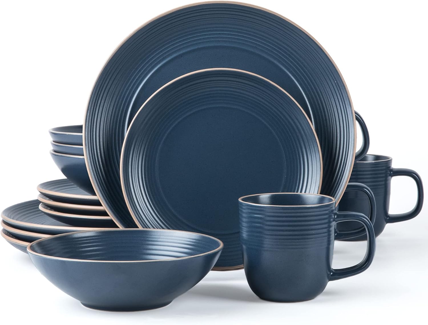 Arora RINGAR 428051 – Juego de 4 vajilla redonda de cerámica, platos llanos, platos laterales, cuencos para cereales, tazas, color azul mate moteado