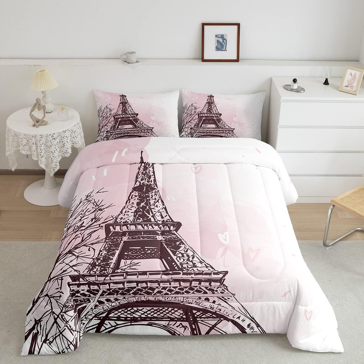 Juego de edredón de la Torre Eiffel, tamaño individual, juego de ropa de cama romántica de San Valentín, rosa y blanco, edredón para mujeres y