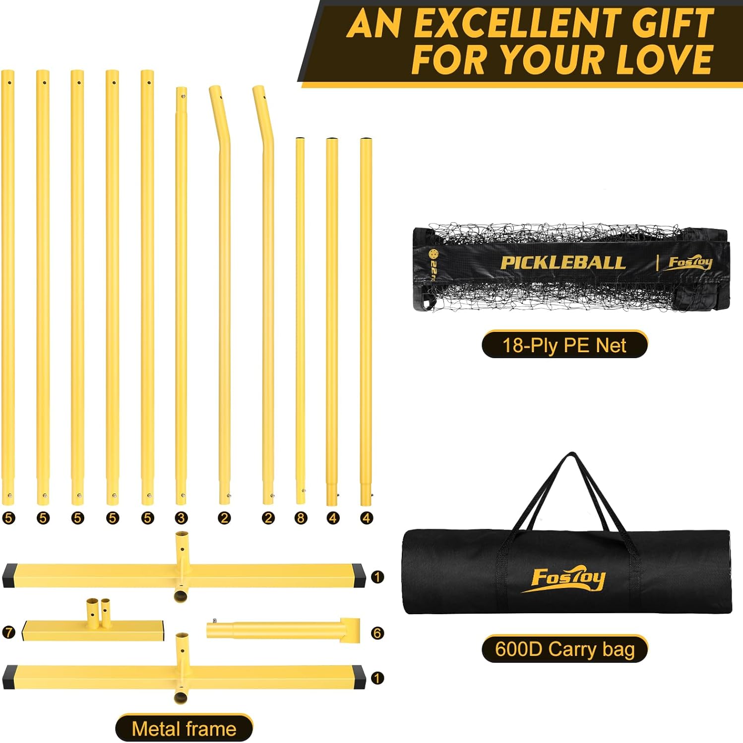 Fostoy Pickleball Net, 22FT Regulation Size Portable Pickleball Net,18-Ply PE Nets Weather Resistant Steady Metal Frame Pickle Ball Net System with