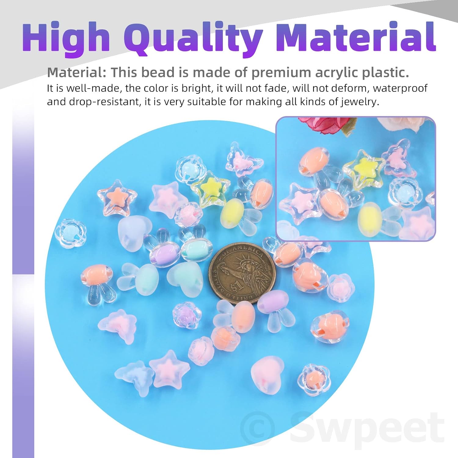 Swpeet Juego de 147 cuentas acrílicas transparentes y glaseadas de colores macarrones, 12 estilos y agujas de cuentas con cordón elástico, juego