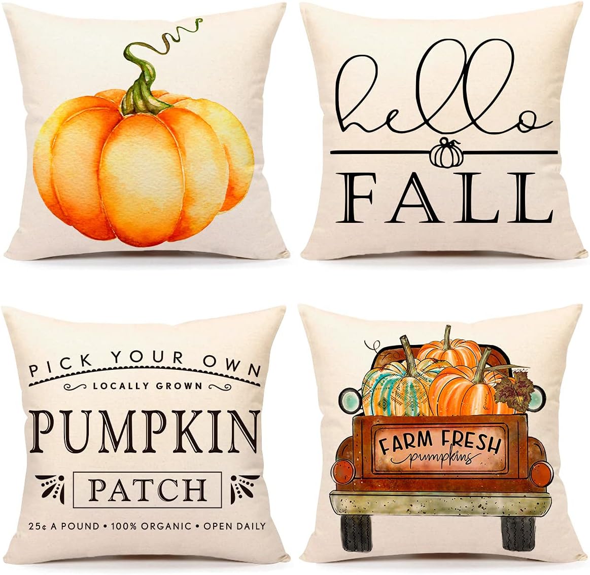4TH Emotion Juego de 4 fundas de almohada decorativas de otoño de 20 x 20 pulgadas, diseño de calabaza naranja para decoración de casa de campo,