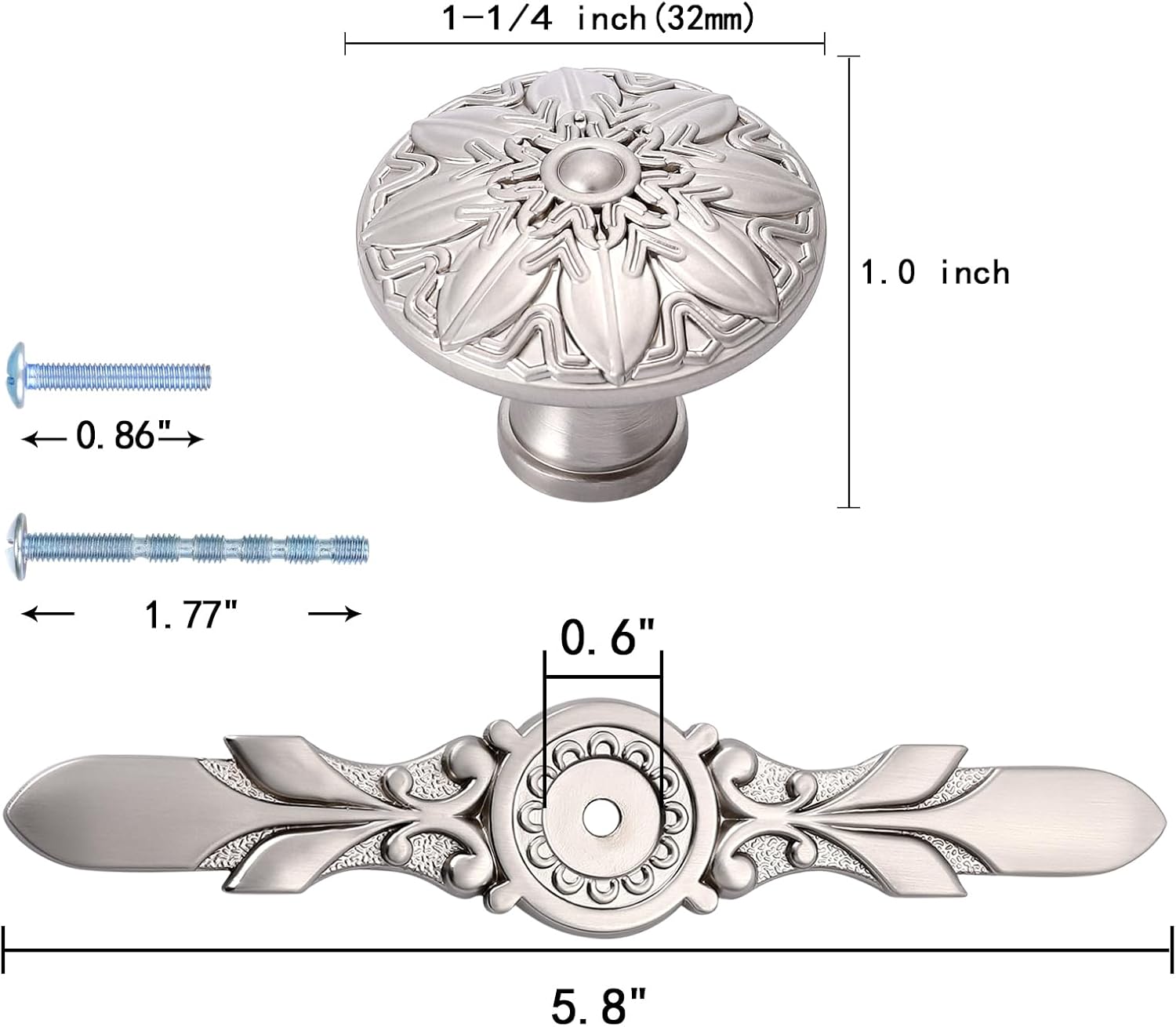 10 Pack Brushed Nickel Knobs & Back Plates for Cabinets,1-14 Flower Nickel Cabinet Hardware knobs and 5-45Length Nickel Plates for Dresser Drawers