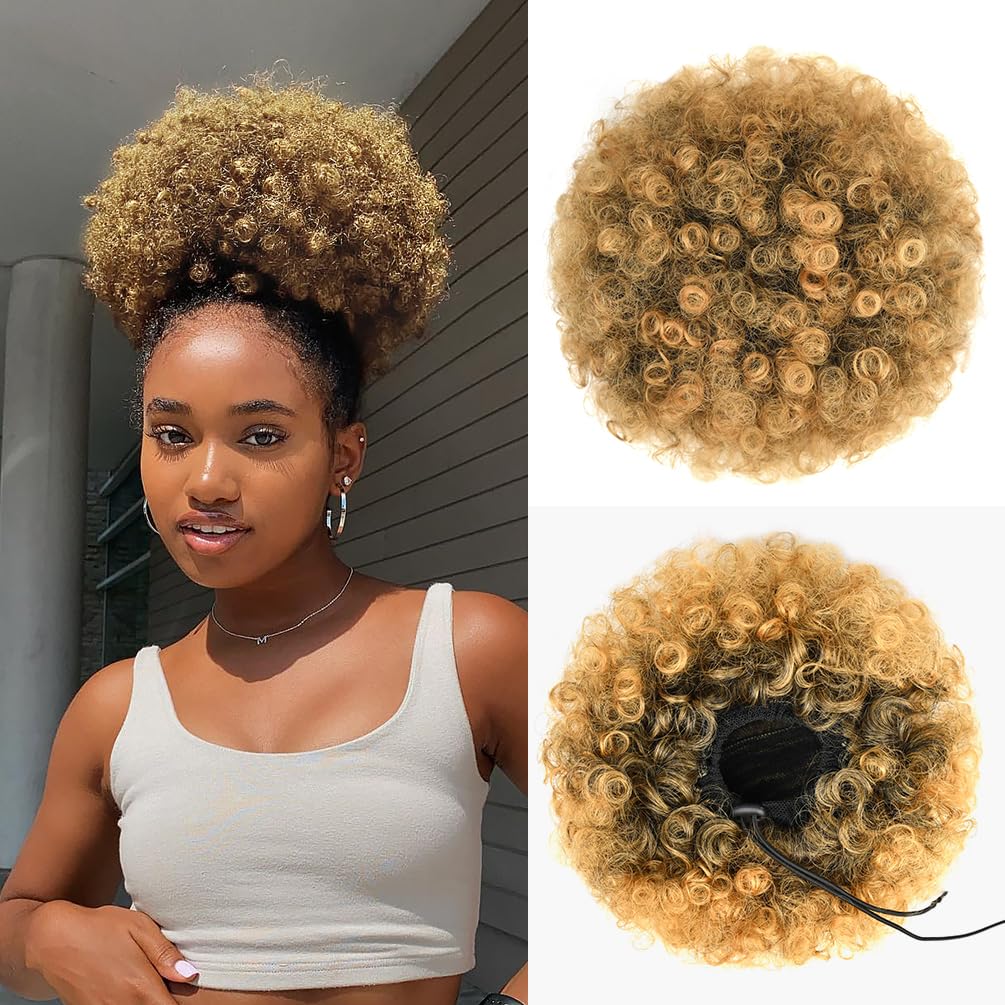 Cola de caballo afro con cordón para mujeres negras, cola de caballo afro rizada corta afro coleta de pelo sintético, color negro a marrón miel,