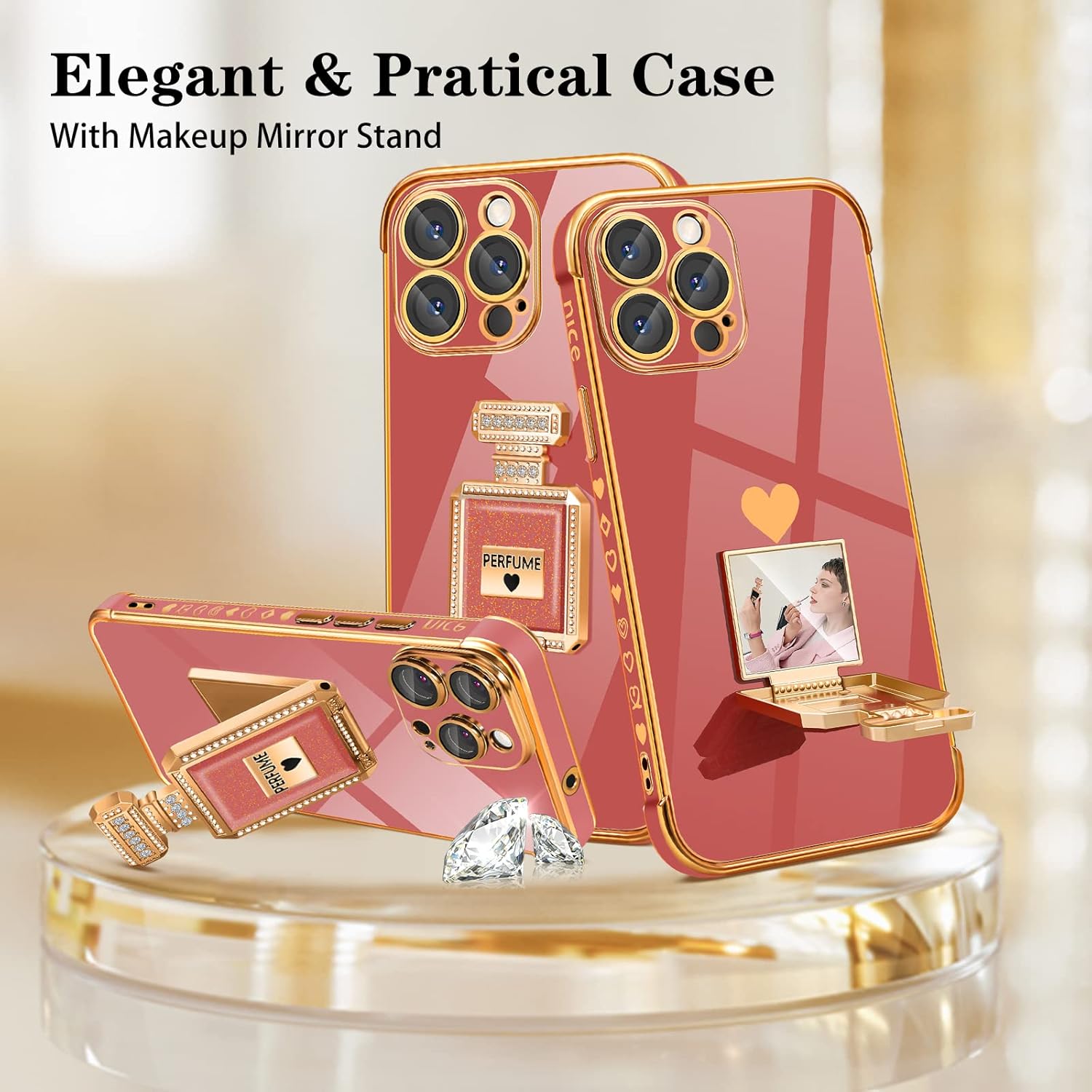 Buleens Funda para iPhone 13 Pro Max con soporte de espejo de botella de perfume de metal, bonitas fundas de corazón femenino para 13 Pro Max,