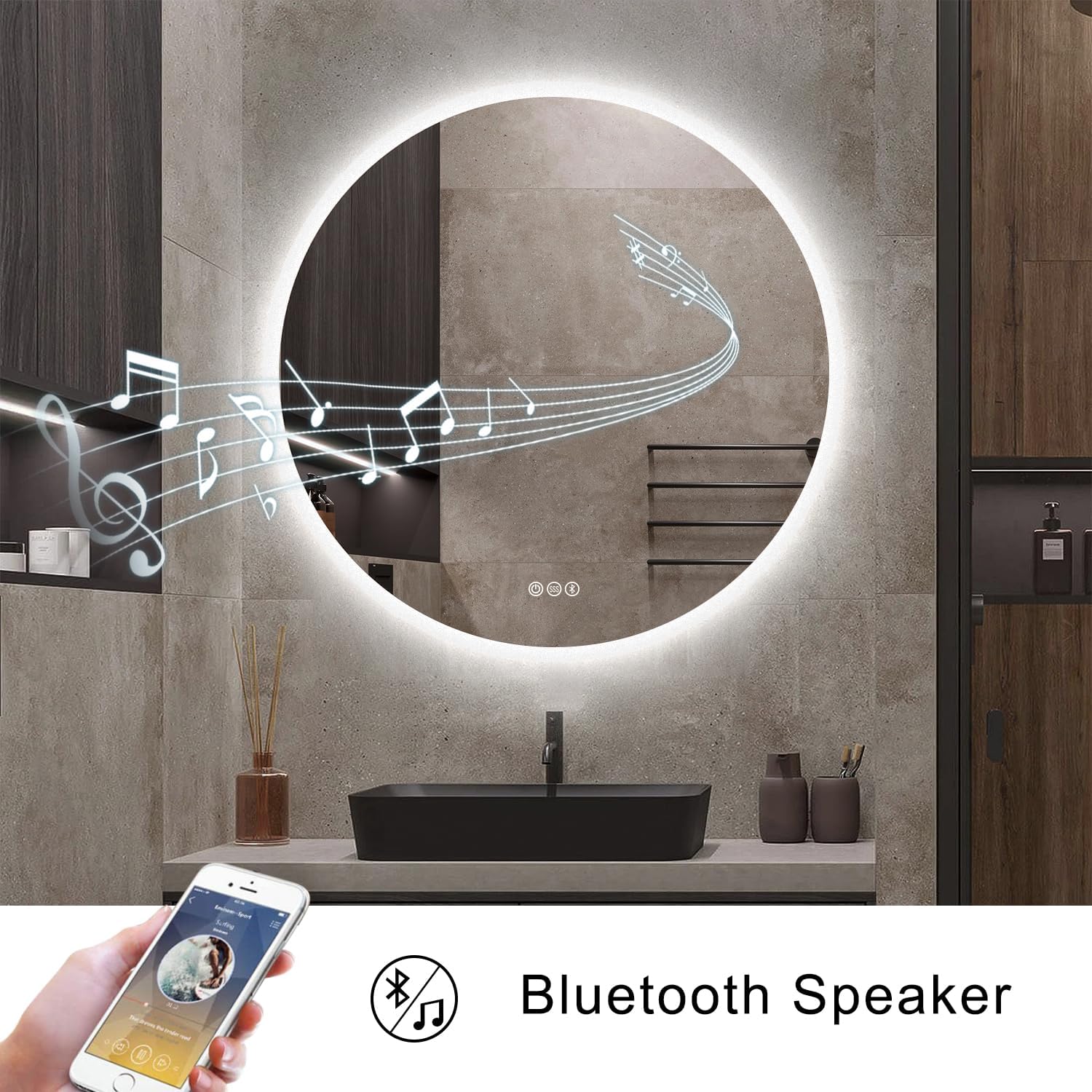 SBAGNO – Espejo de baño redondo de 32 luces con marco acrílico, espejo de baño LED de tocador montado en la pared, atenuación, cambio de color,