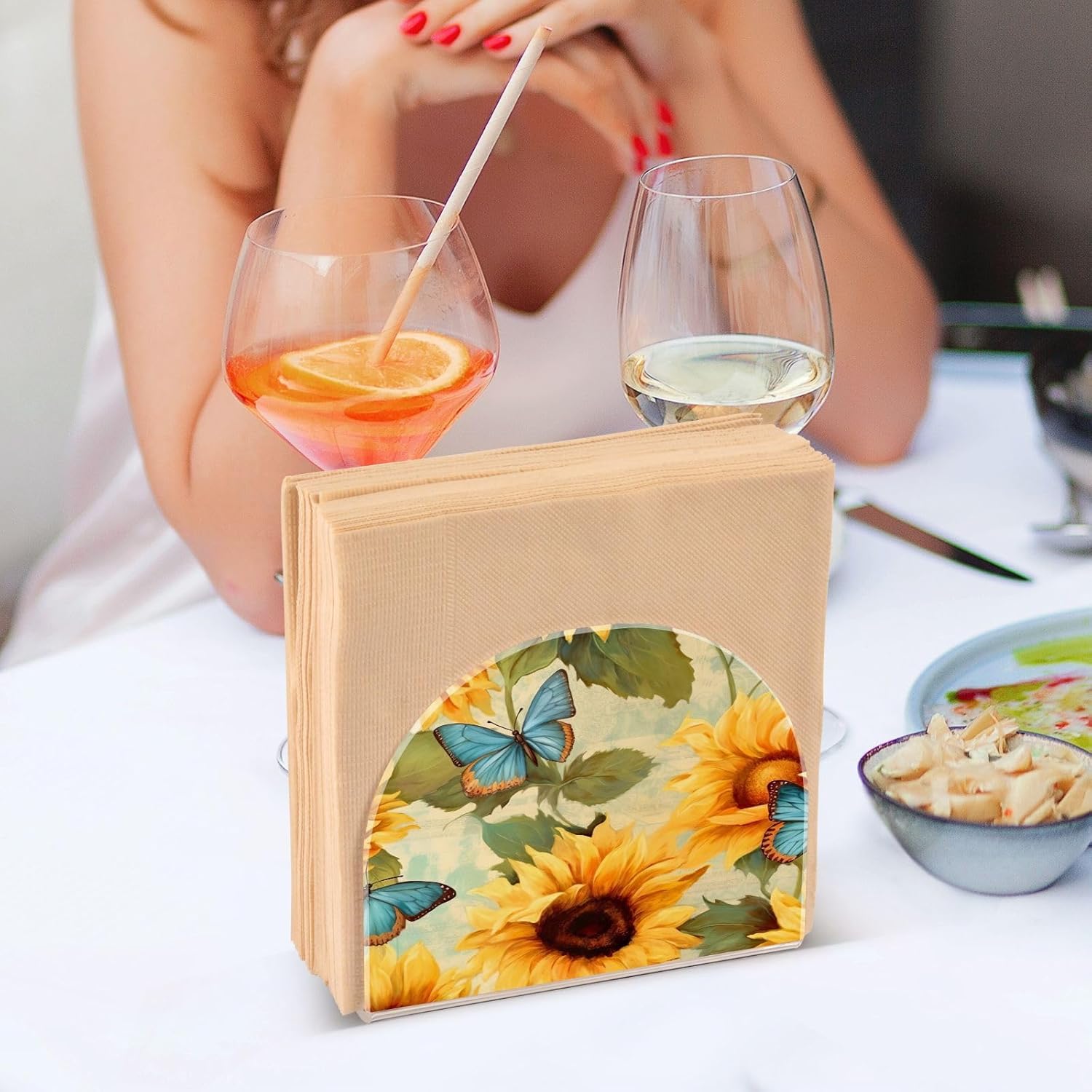 Sunflower and Butterfly Acrylic Napkin Holder Clear Crystal Tissue Paper Dispenser for Table, Kitchen Countertop, Restaurant, Decor