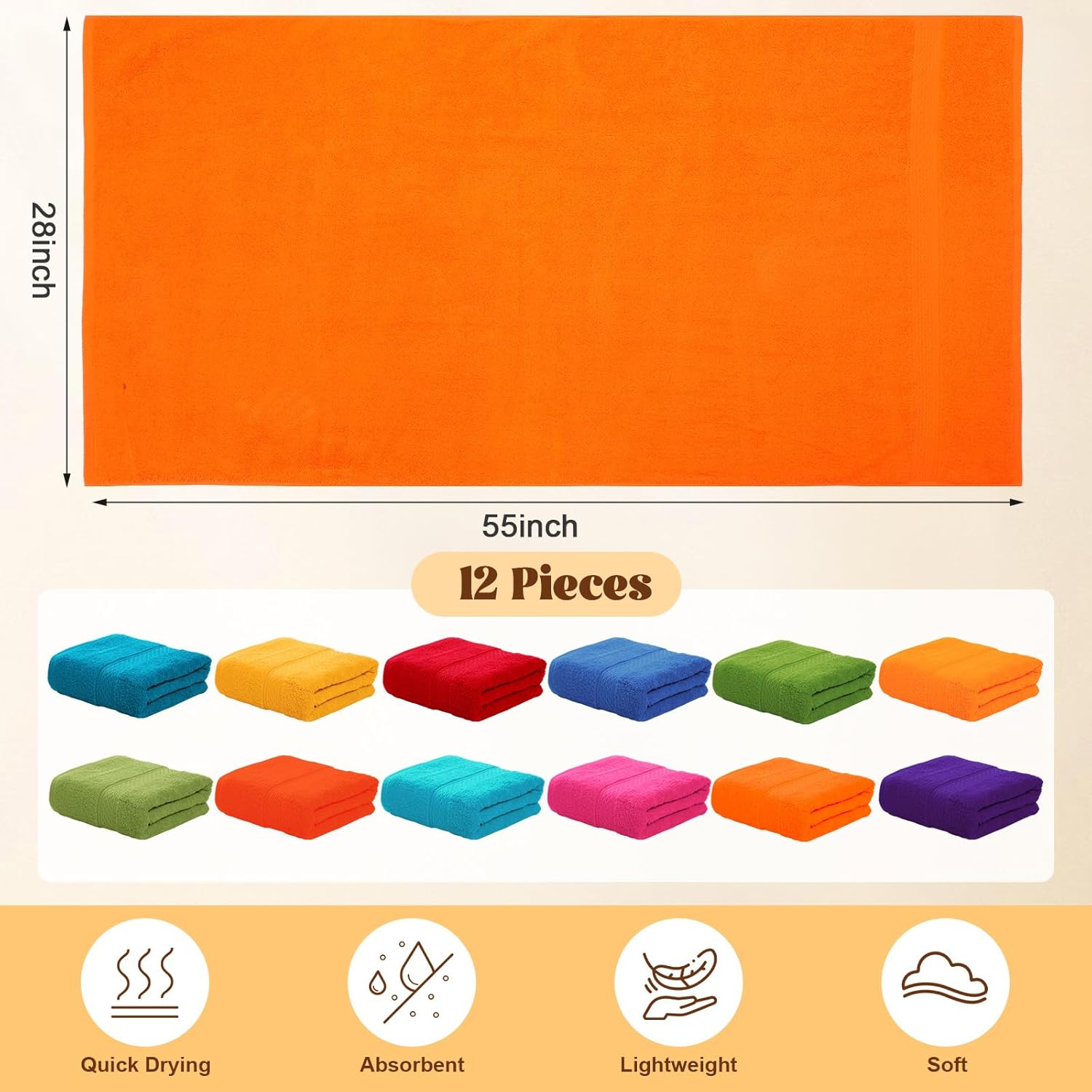 Newwiee Paquete de 12 toallas de baño de algodón, 28 x 55 pulgadas, coloridas de gran tamaño, suaves y absorbentes, ligeras, de secado rápido, a