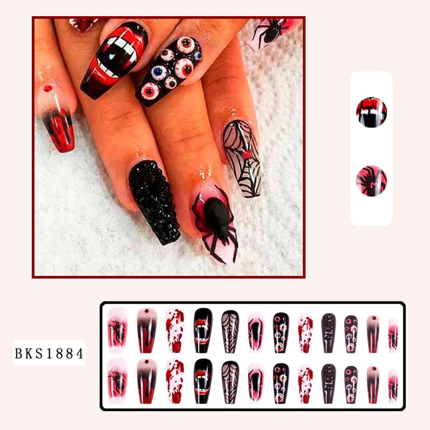 Uñas postizas a presión para Halloween, diseño de telaraña, con forma de araña y gota de sangre, uñas largas de terror, uñas artificiales para el