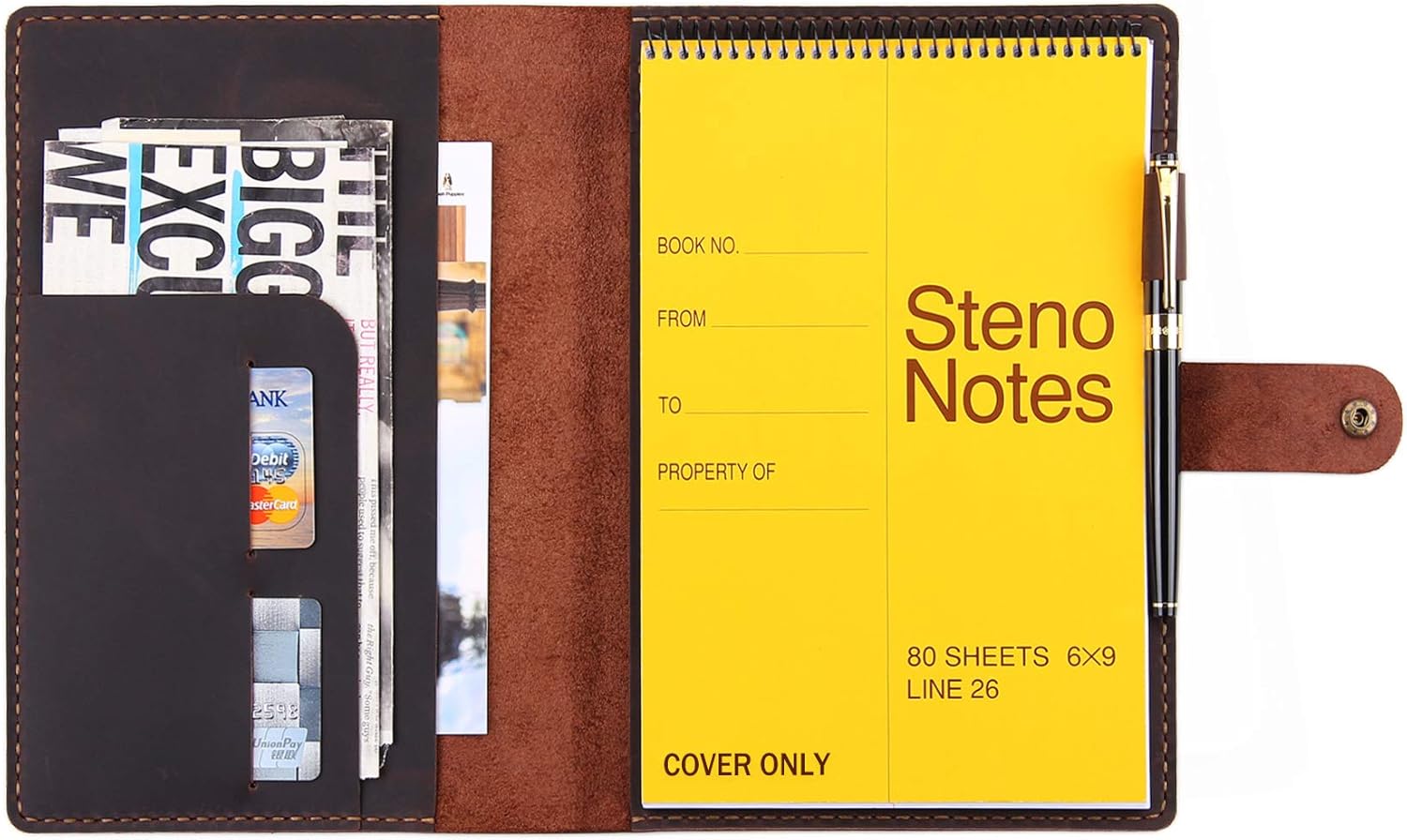 Robrasim Funda de cuero para cuaderno Steno de 6 x 9 pulgadas, funda de cuero compatible con almohadillas Steno en espiral de 6 x 9, organizador de