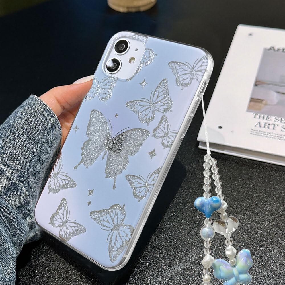 Abbery Funda diseñada para iPhone 11, con brillantina, bonita transparente, con diseño de mariposa con correa para la muñeca, brillante, morado y