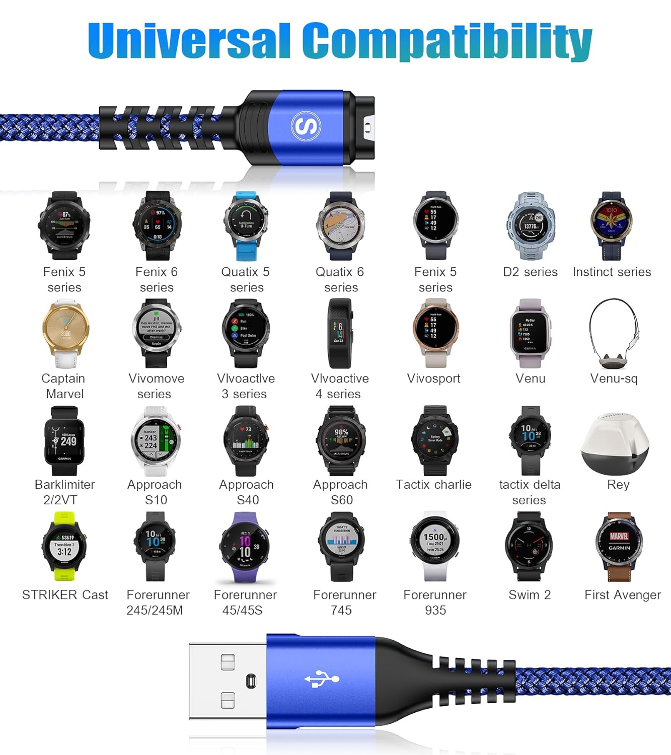 Garmin – Cable cargador de reloj 2 unidades, 4 pies compatible con Garmin Fenix 5 5S 5X 6 6S 6X Plus Pro 7 7S 7X, Forerunner 945 45 45S 245 Music,