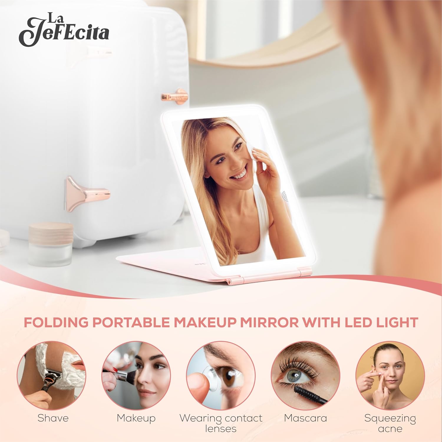 Espejo de maquillaje portátil plegable con luz LED, tamaño iPad, recargable por USB, 3 ajustes de color, tecnología regulable (rosa)