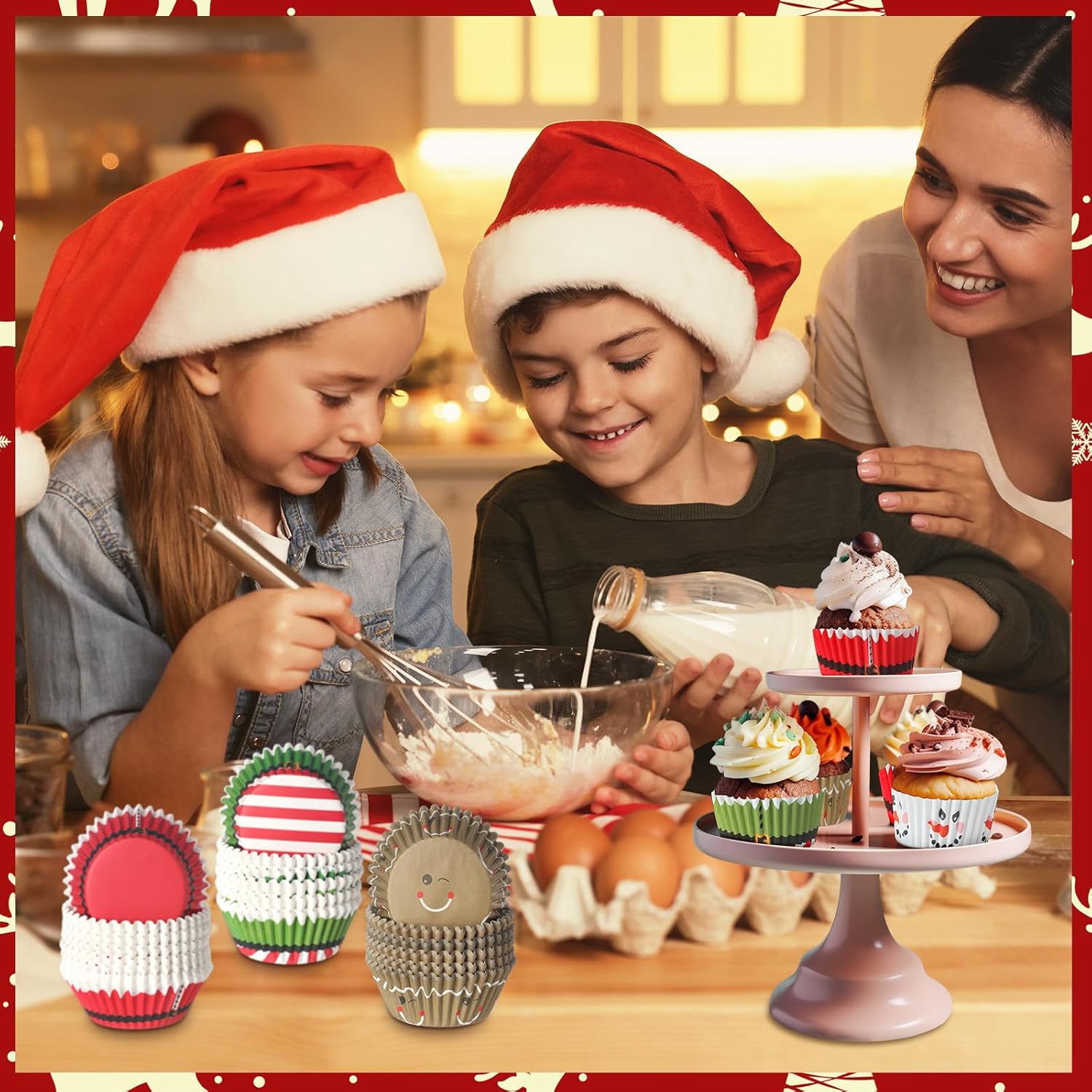 600 envoltorios de cupcakes de Navidad, forros de cupcakes de Papá Noel, tazas de cupcakes de muñeco de nieve, tazas de papel colorido de Navidad