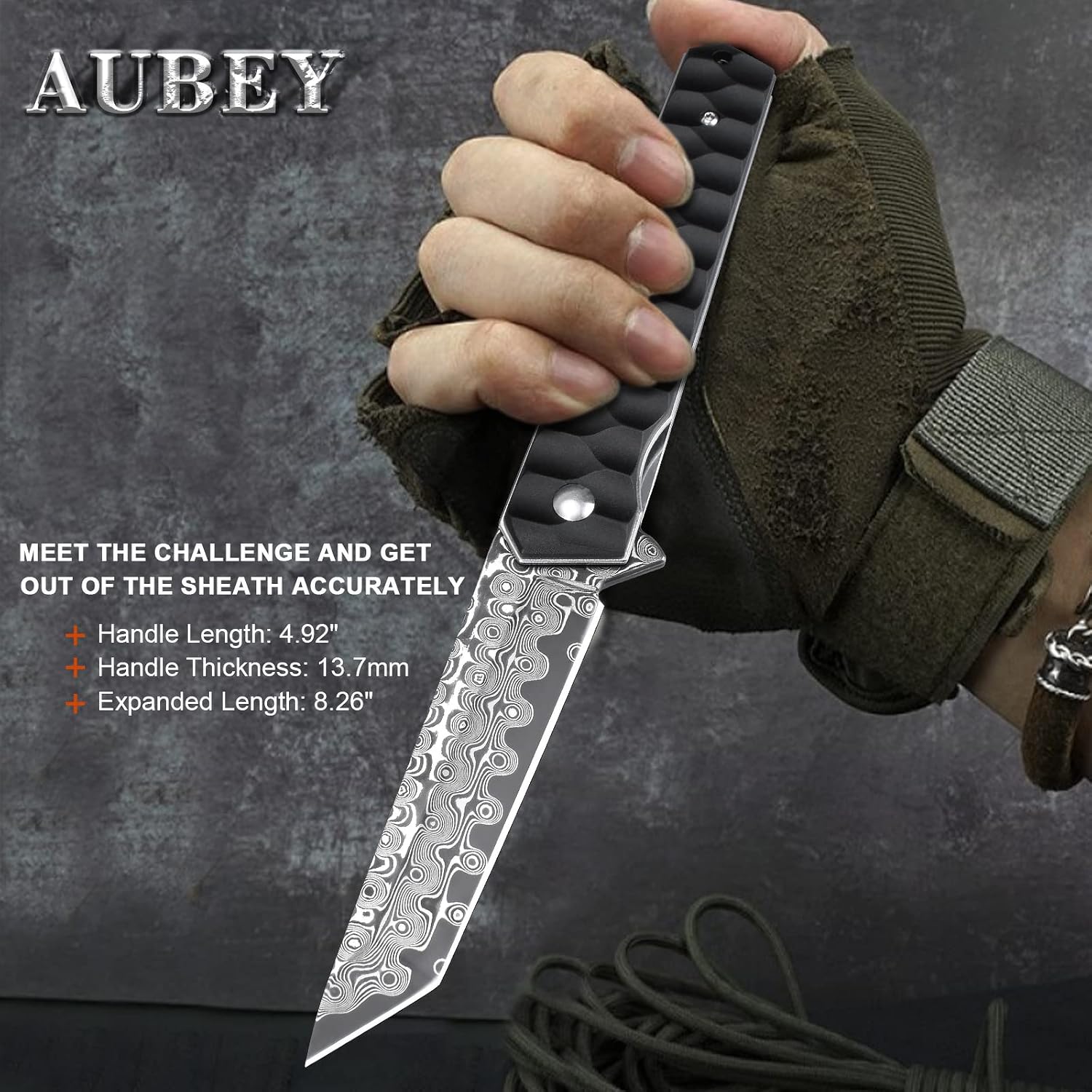 AUBEY Cuchillo de bolsillo de Damasco con clip para hombres y mujeres, cuchillos plegables de acero de Damasco con rodamiento de bolas, mango