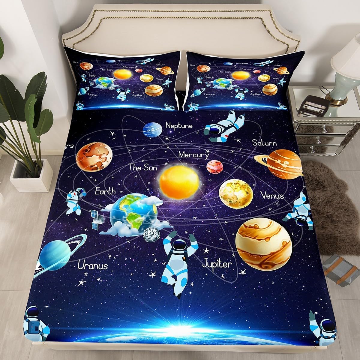 Erosebridal Outer Space – Juego de sábanas de tamaño King para niños y niños, planeta, sistema solar, para niñas, adolescentes, galaxia azul, cielo