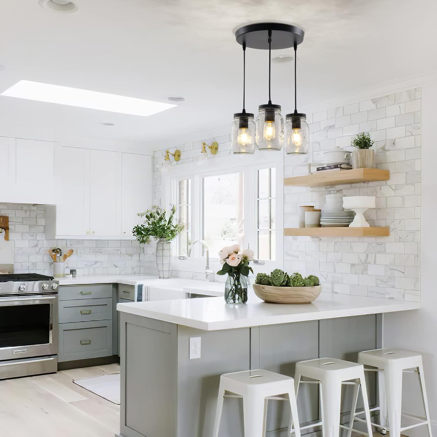 Lámparas de tarro de masón, 3 luces de casa de campo, lámpara colgante de tarro de cristal lámpara de techo ajustable para cocina, comedor, pasillo