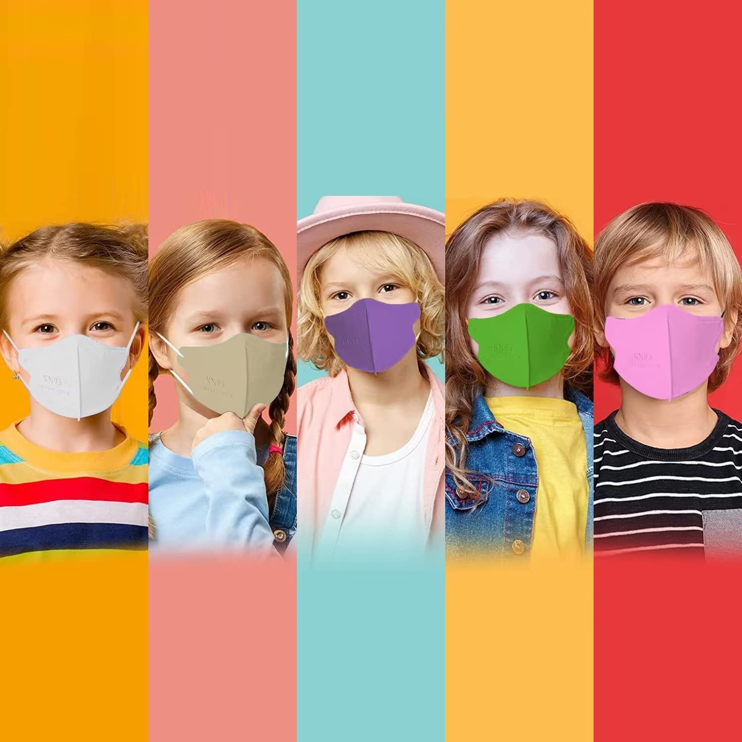 Mascarillas KN95 para niños, 50 unidades, mascarilla de seguridad transpirable de 5 capas con cintas elásticas ajustables para las orejas, color