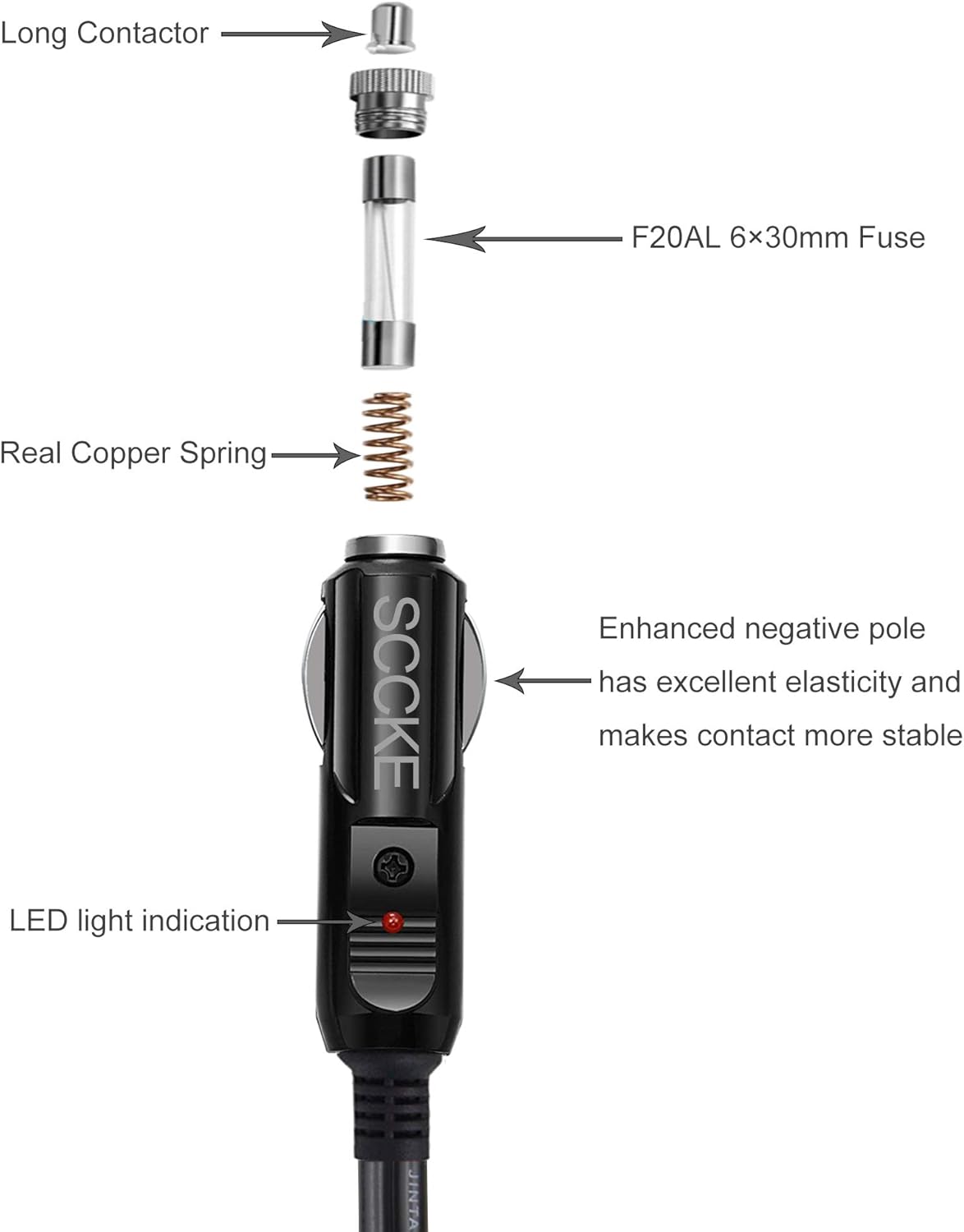 SCCKE Enchufe para encendedor de cigarrillos de 6.5 pies, 14 AWG y 12 V, cable de carga de liberación rápida SAE con fusible de 20 A y luz LED