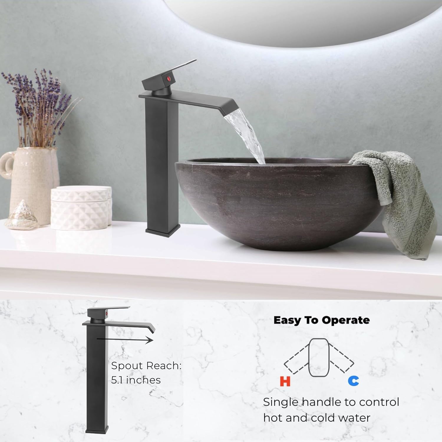Grifo de fregadero de recipiente negro mate para fregadero de 1 agujero, mango único, montaje en cubierta, grifo de fregadero de baño, grifo