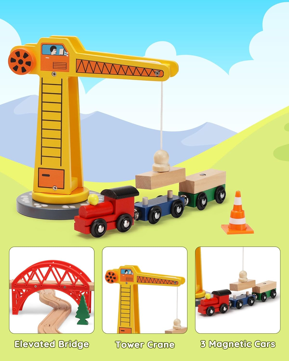 SainSmart Jr. Juego de tren de madera para niños pequeños, 41 piezas de pista de tren de madera con grúa para Brio, Thomas, Melissa y Doug, tren de