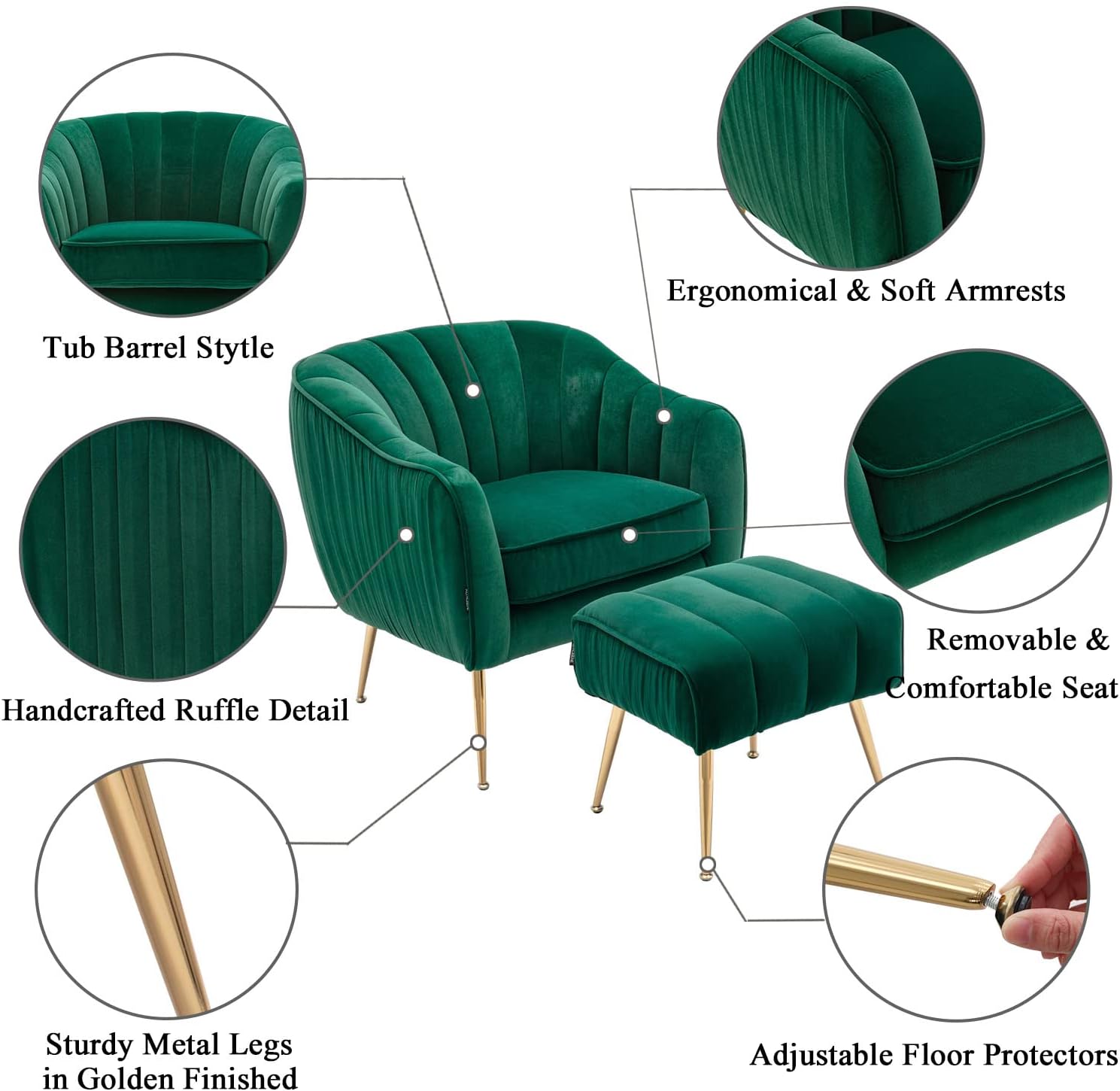 Silla decorativa de terciopelo con otomana, moderna silla de barril copetudo, juego otomano para sala de estar y dormitorio, acabado dorado, verde