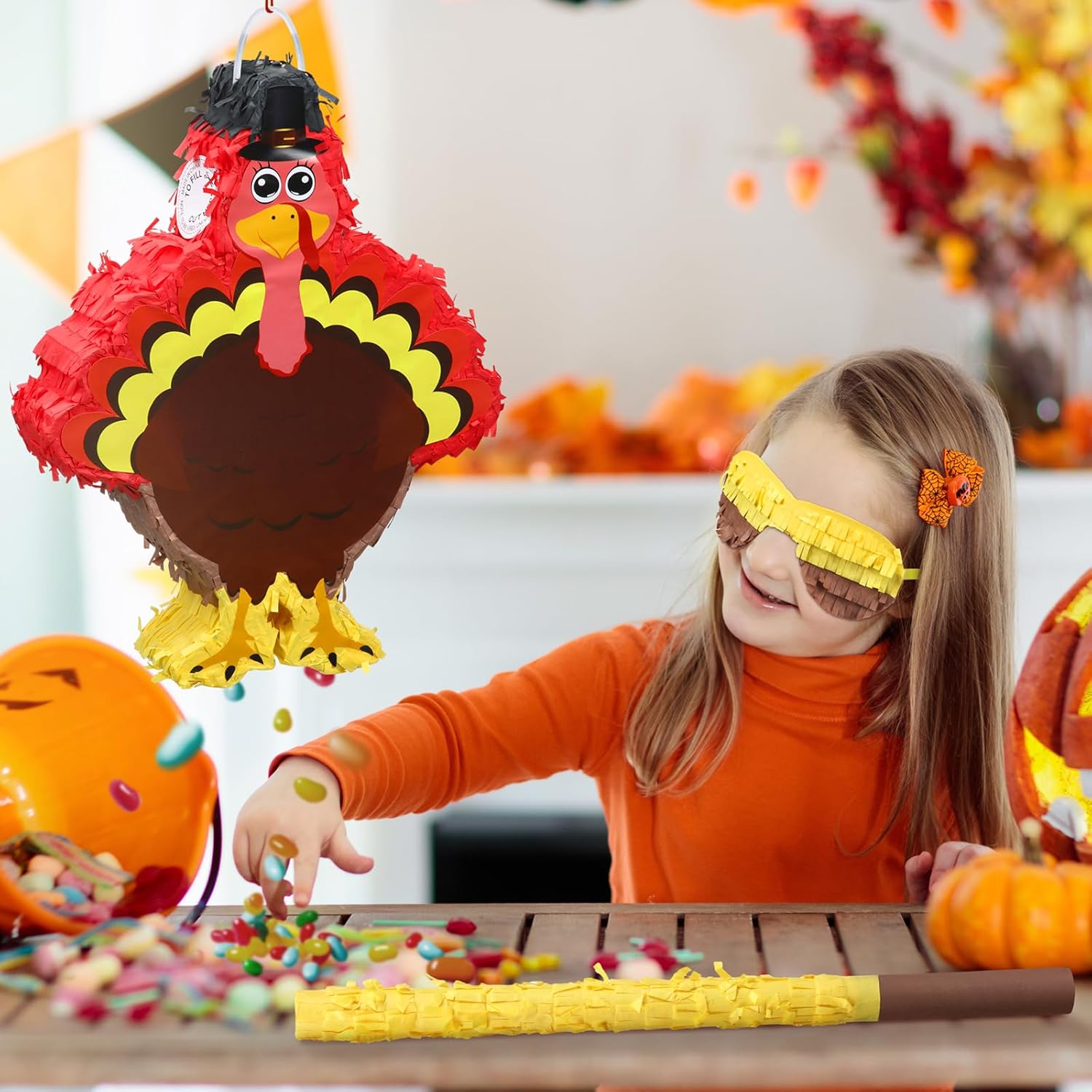 Piñata de pavo de Acción de Gracias con palo y vendas de ojos y confeti con temática de otoño, decoración de baby shower, juegos de festival de