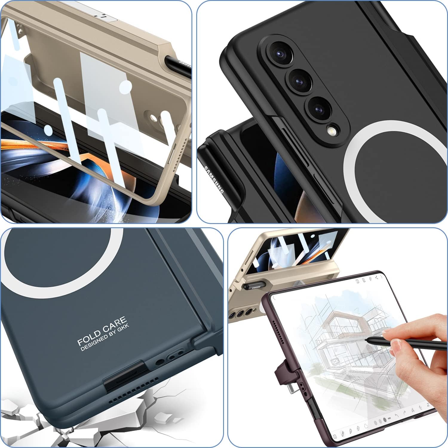 Miimall – Funda para Samsung Galaxy Z Fold 4 con soporte para bolígrafo, protector de pantalla integrado, soporte y funda de protección de bisagra
