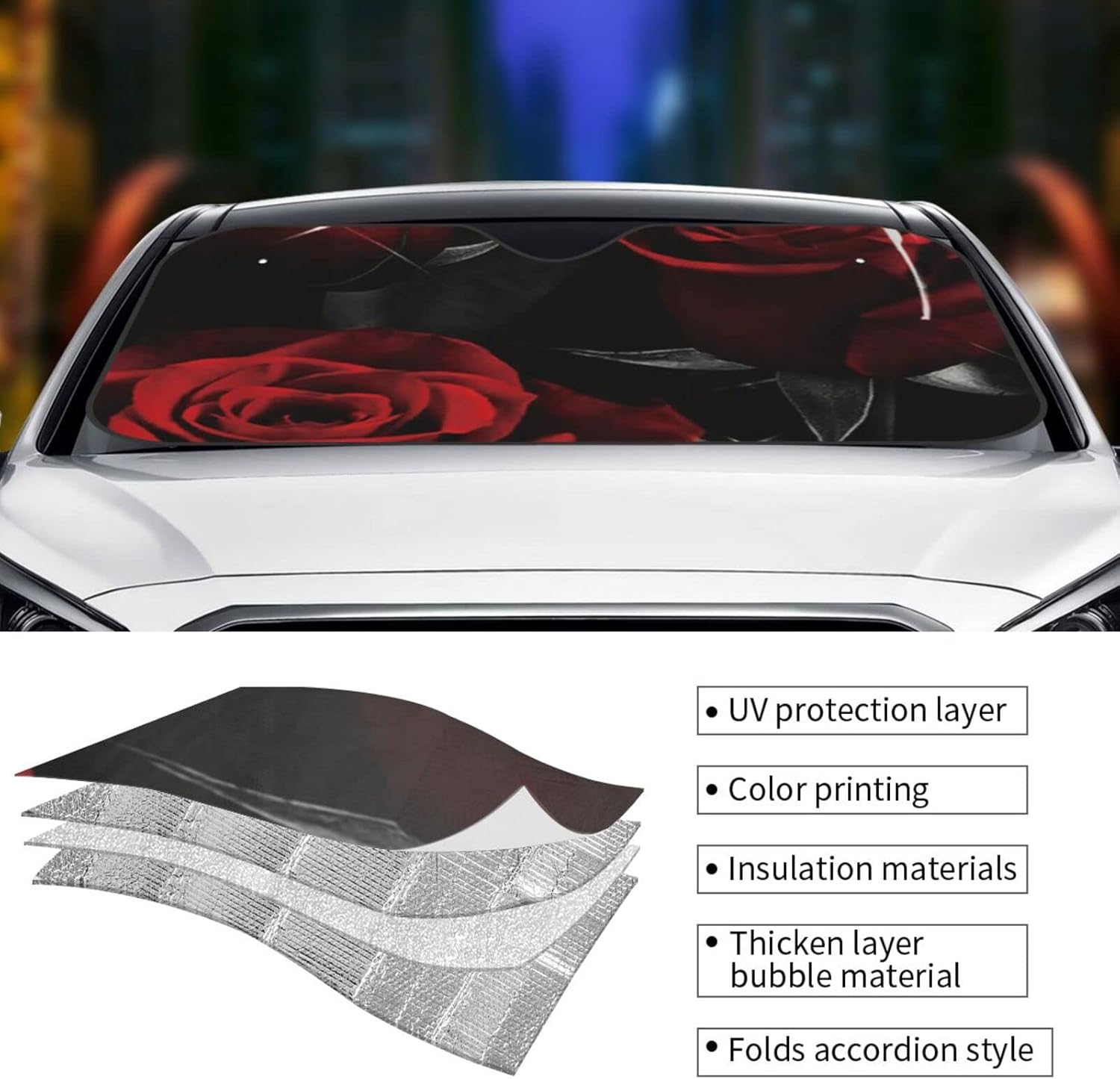Parasol para parabrisas de automóvil, rosa roja y flores de hojas negras, protector de visera solar bloquea los rayos UV, accesorios universales