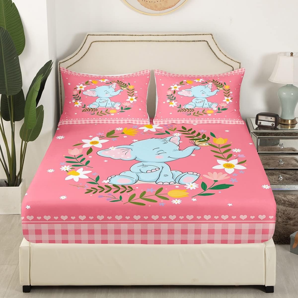 Erosebridal Juego de sábanas tamaño individual de elefante con diseño de animales del bosque para niñas y niños, juego de sábanas florales rosas y