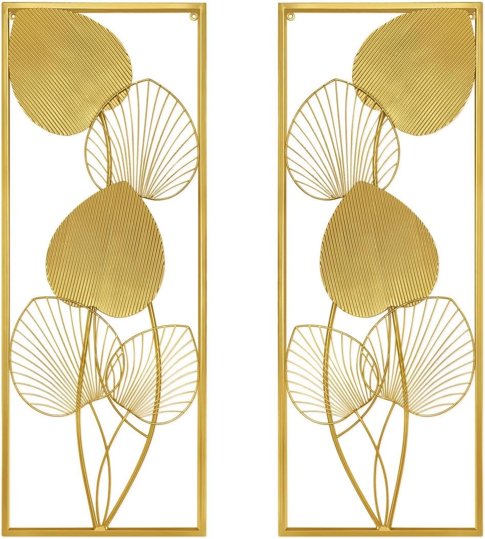 BOTAISHENG Juego de 2 hojas de metal para decoración de pared dorada para el hogar, 32 x 12 pulgadas, decoración de habitación con marco para sala