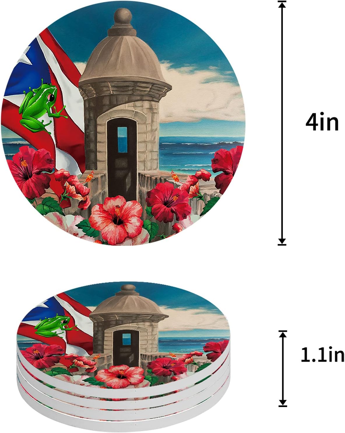 Juego de 4 posavasos para bebidas de Puerto Rico con soporte para tazas, posavasos de cerámica absorbente con parte trasera de corcho, uso como