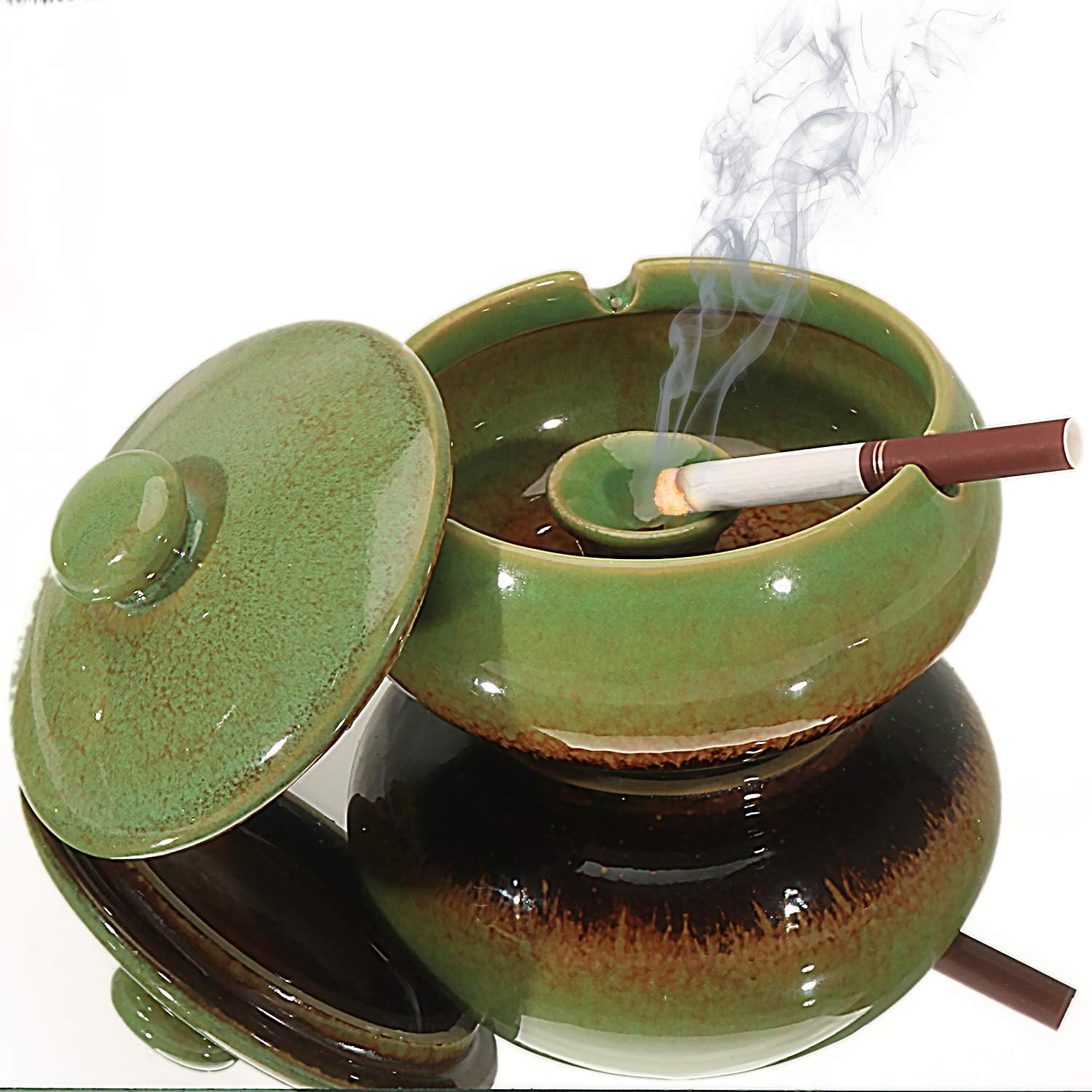 Cenicero de cigarrillos al aire libre con tapa, sin humo, bandejas de cenizas de cerámica cubiertas a prueba de viento, ceniceros a prueba de olores