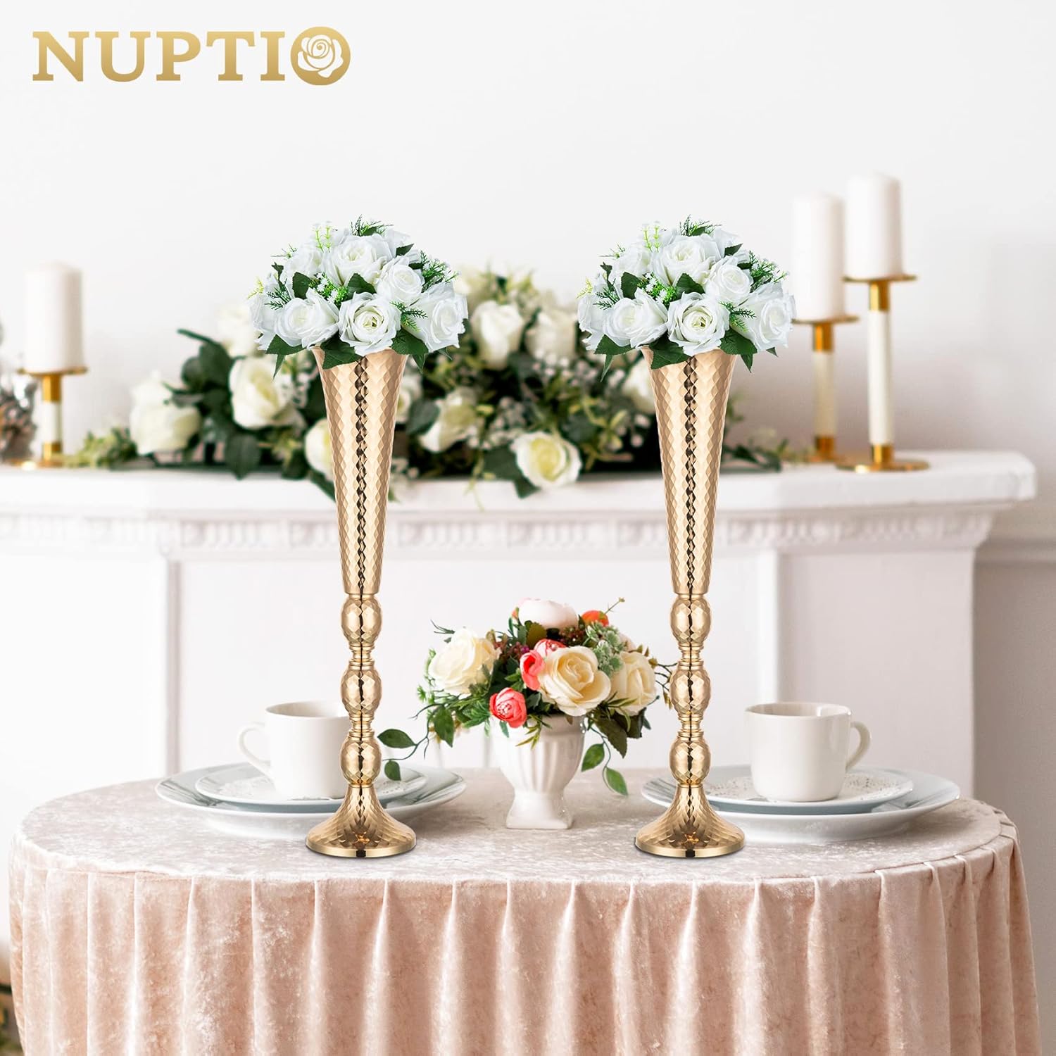 Nuptio 2 centros de mesa para mesa de boda, jarrón de trompeta de metal de 24 pulgadas de alto, jarrones de flores para fiesta, cena, centro de