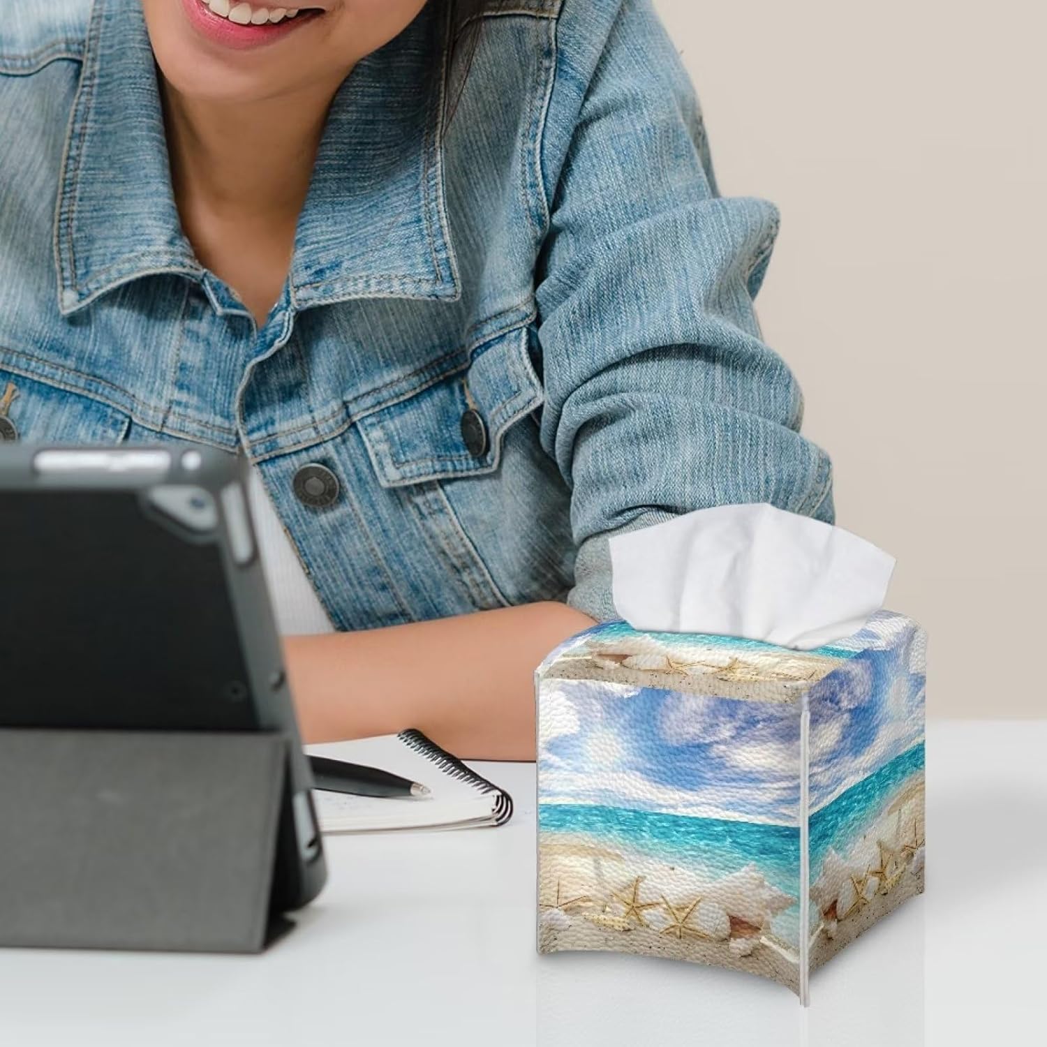 Funda para caja de pañuelos con temática de playa, diseño de conchas y estrellas de mar, soporte cuadrado para caja de pañuelos de piel sintética,