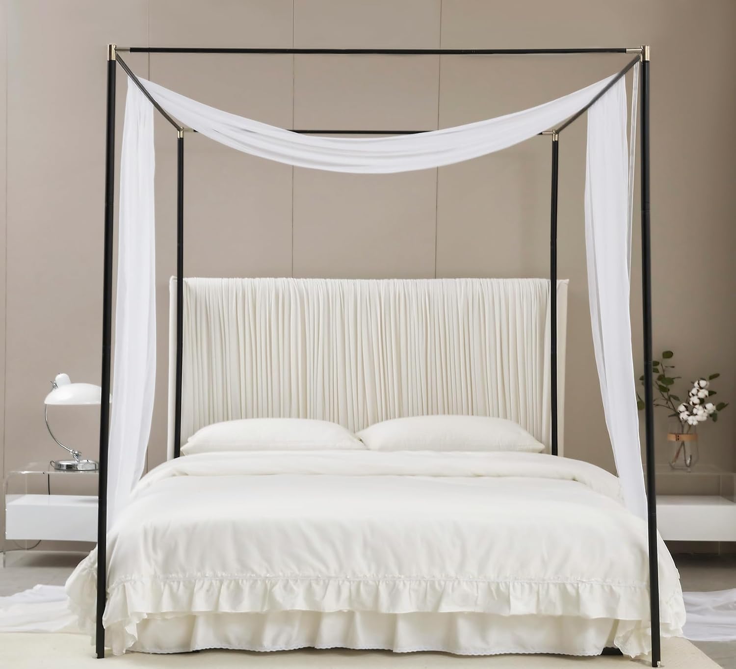Akiky Cortinas de cama con toldo de princesa ligera para marco de cama matrimonialqueen, marco de madera, cortina transparente de 2 paneles