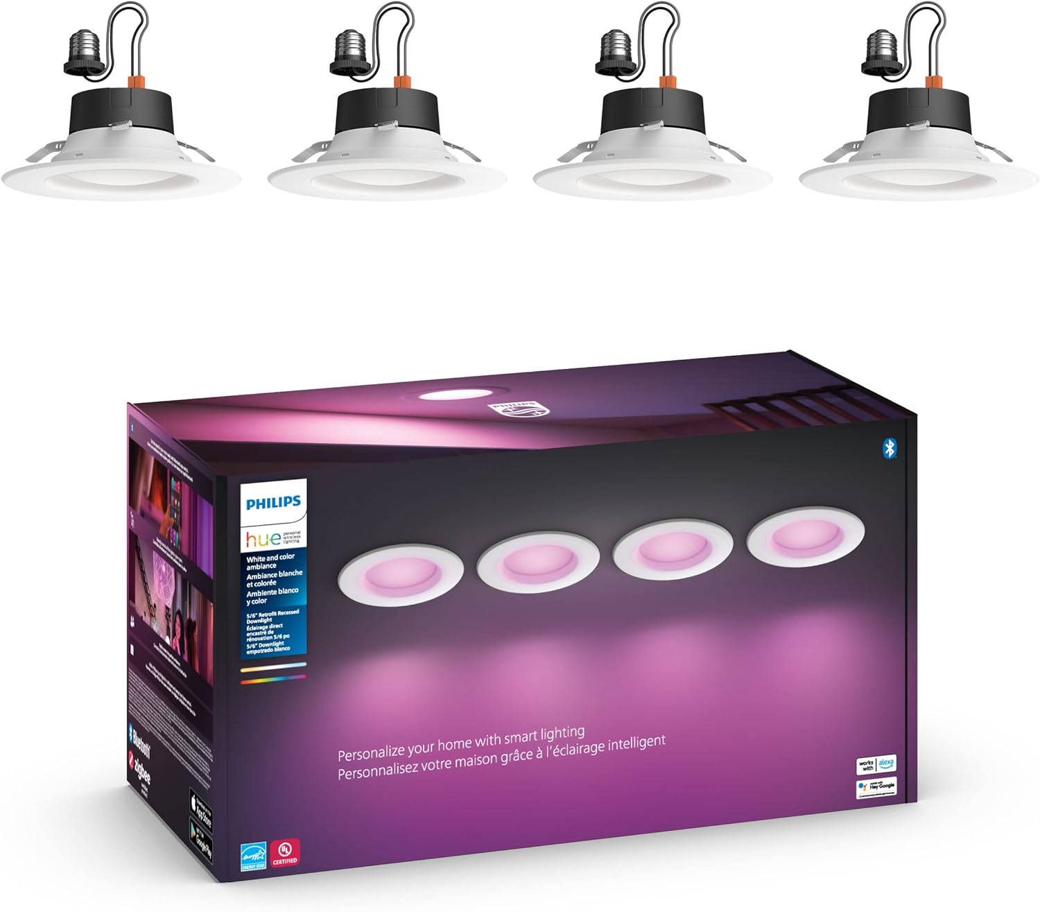Philips Hue White and Color Ambiance – Focos empotrables inteligentes LED regulables extra brillantes (paquete de 4) y (1 unidad) compatibles con