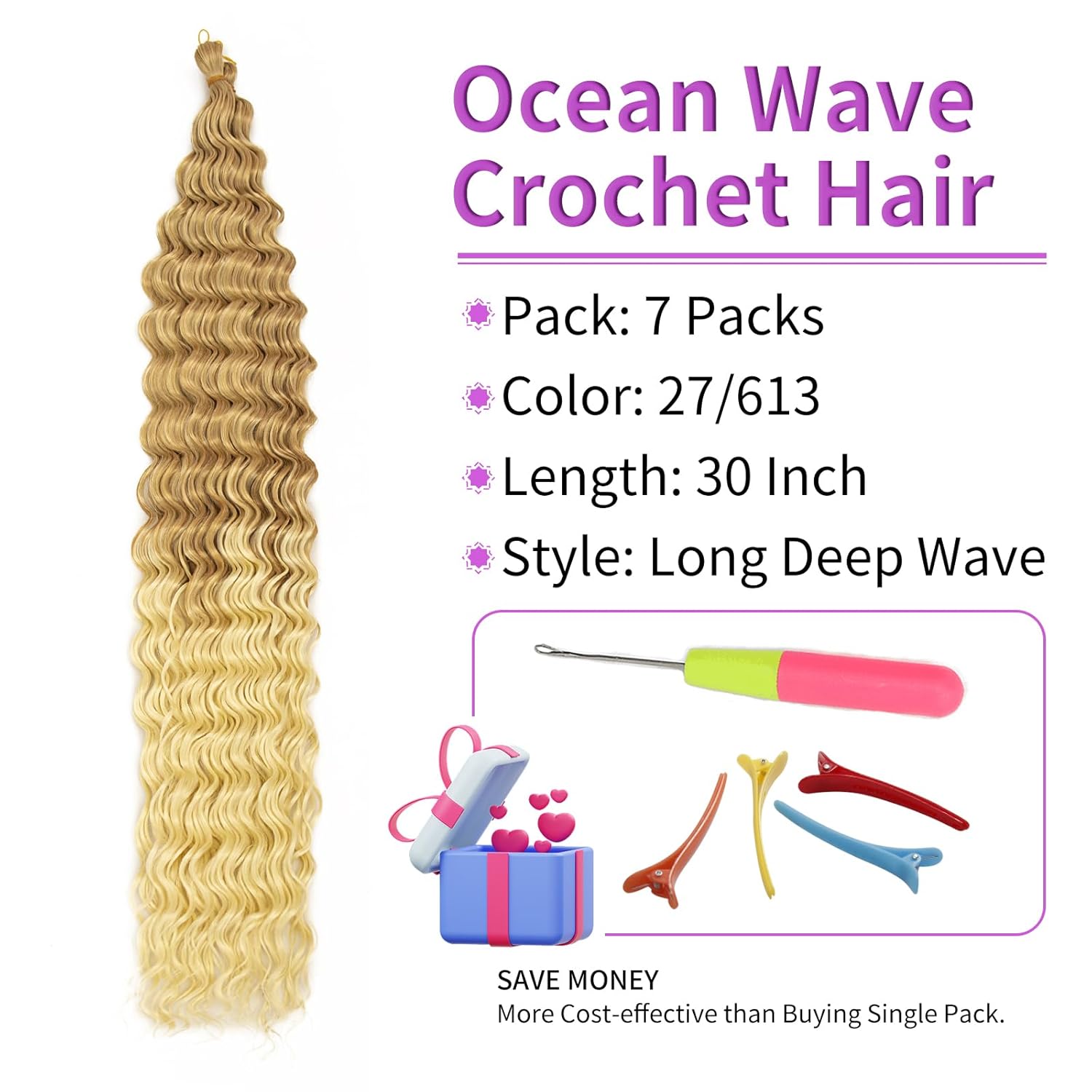 QRHSUKA Pelo de ganchillo Ocean Wave de 30 pulgadas, 7 paquetes de cabello rizado ondulado profundo para mujeres negras, trenzas de ganchillo
