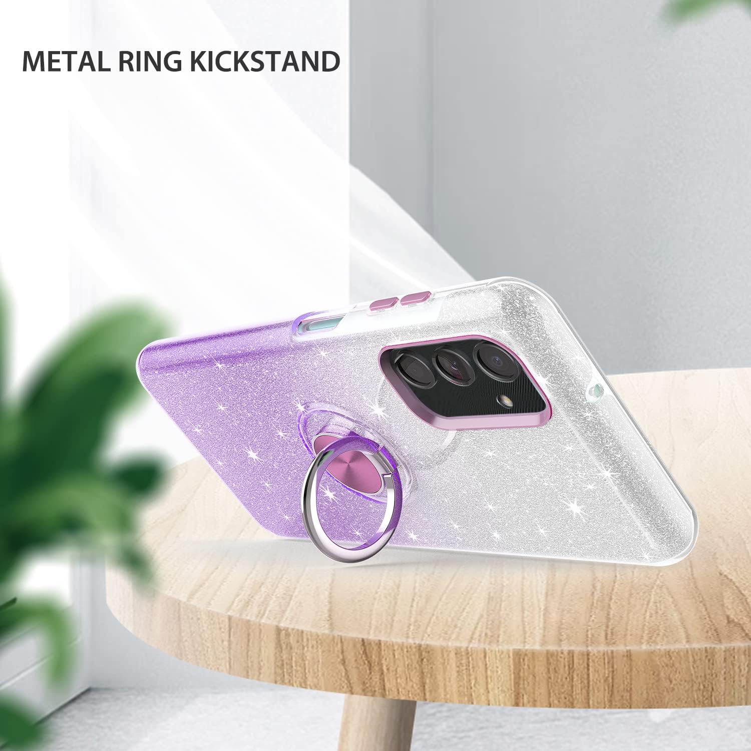 TJS Funda compatible con Samsung Galaxy A14 5G, con protector de pantalla de vidrio templado, anillo de metal, soporte magnético, tono brillante,