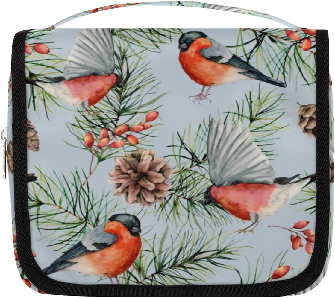 QsirBC Bolsa de aseo de pájaros de camachuelo de acuarela para mujer, organizador de maquillaje de viaje con gancho para colgar, bolsas de