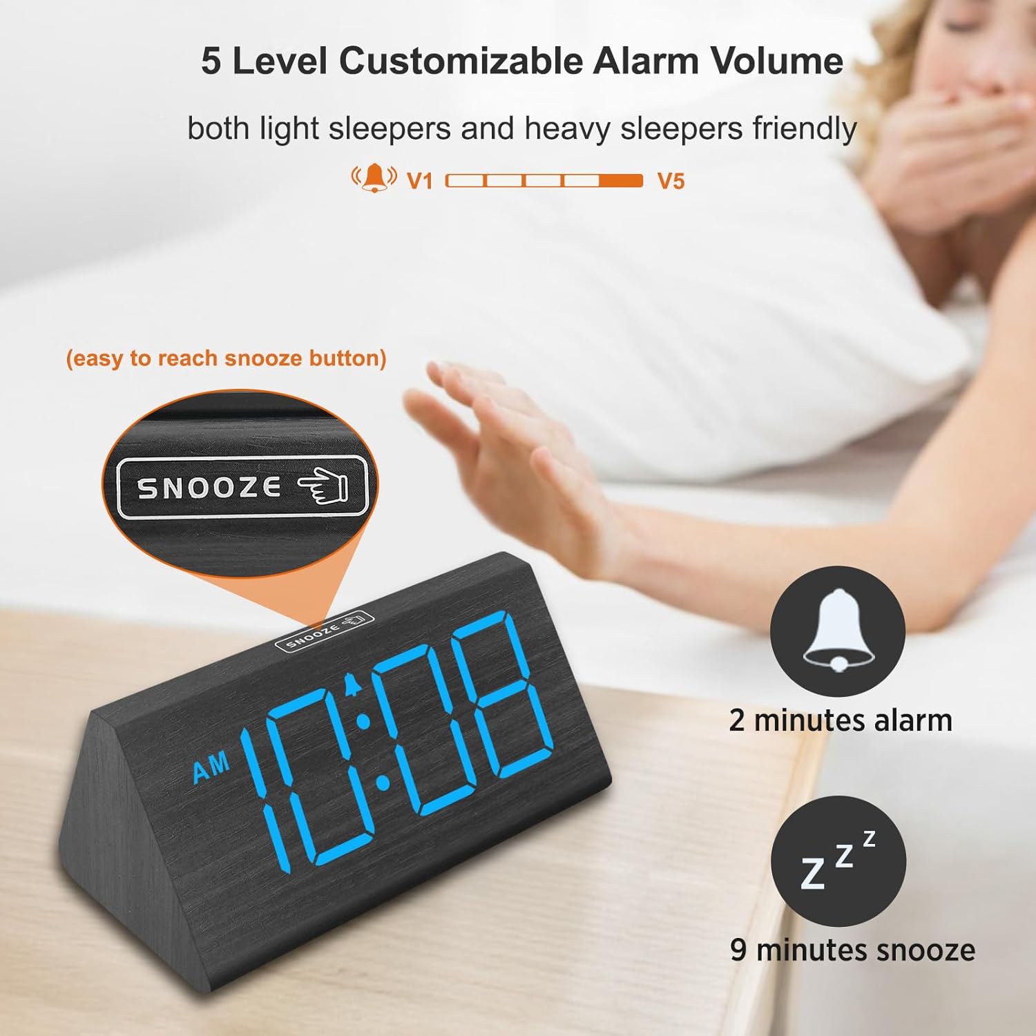 DreamSky Reloj despertador digital para dormitorio de madera