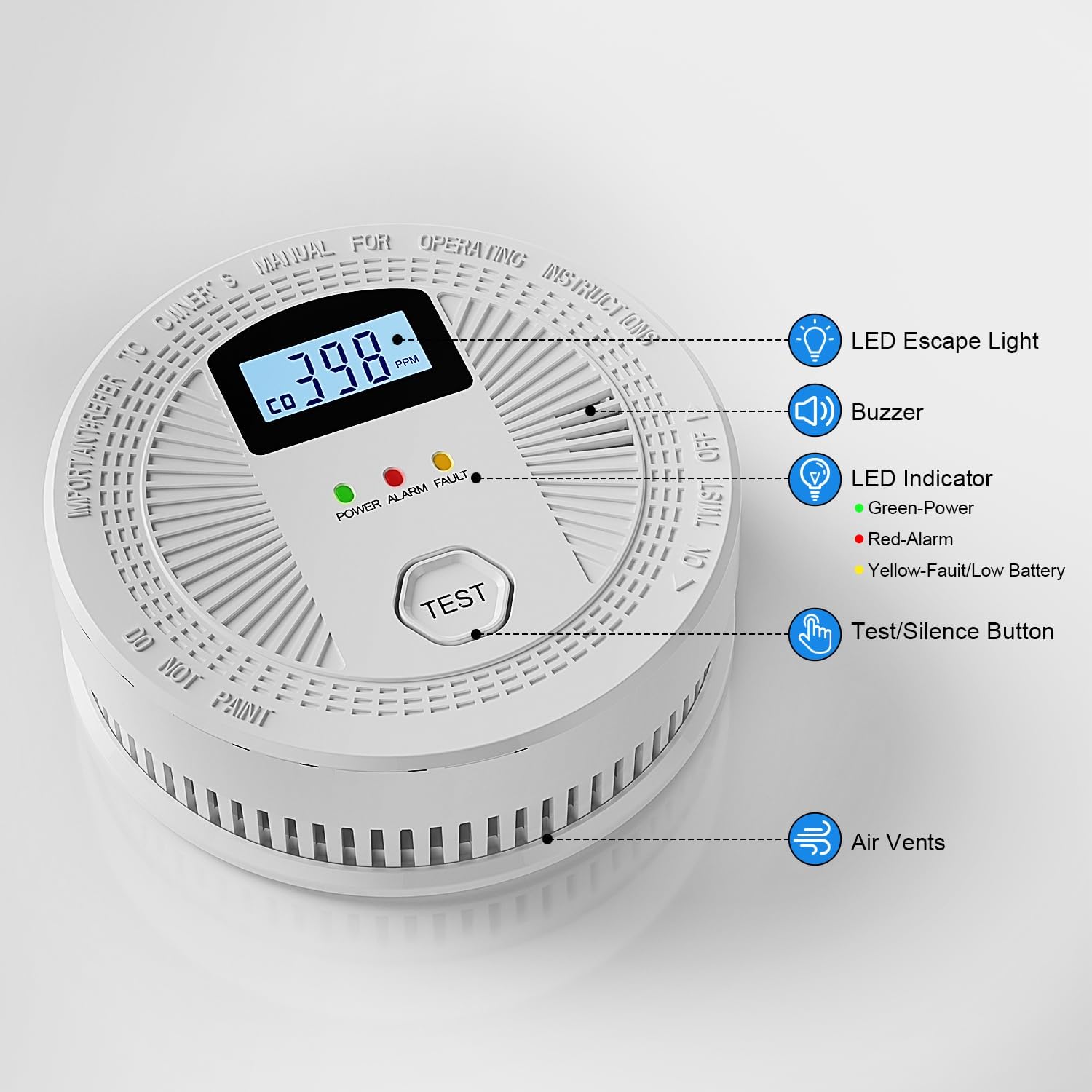 Combinación de monóxido de carbono y alarma de humo con pantalla digital, detectores de humo y monóxido de carbono a pilas, paquete de 1