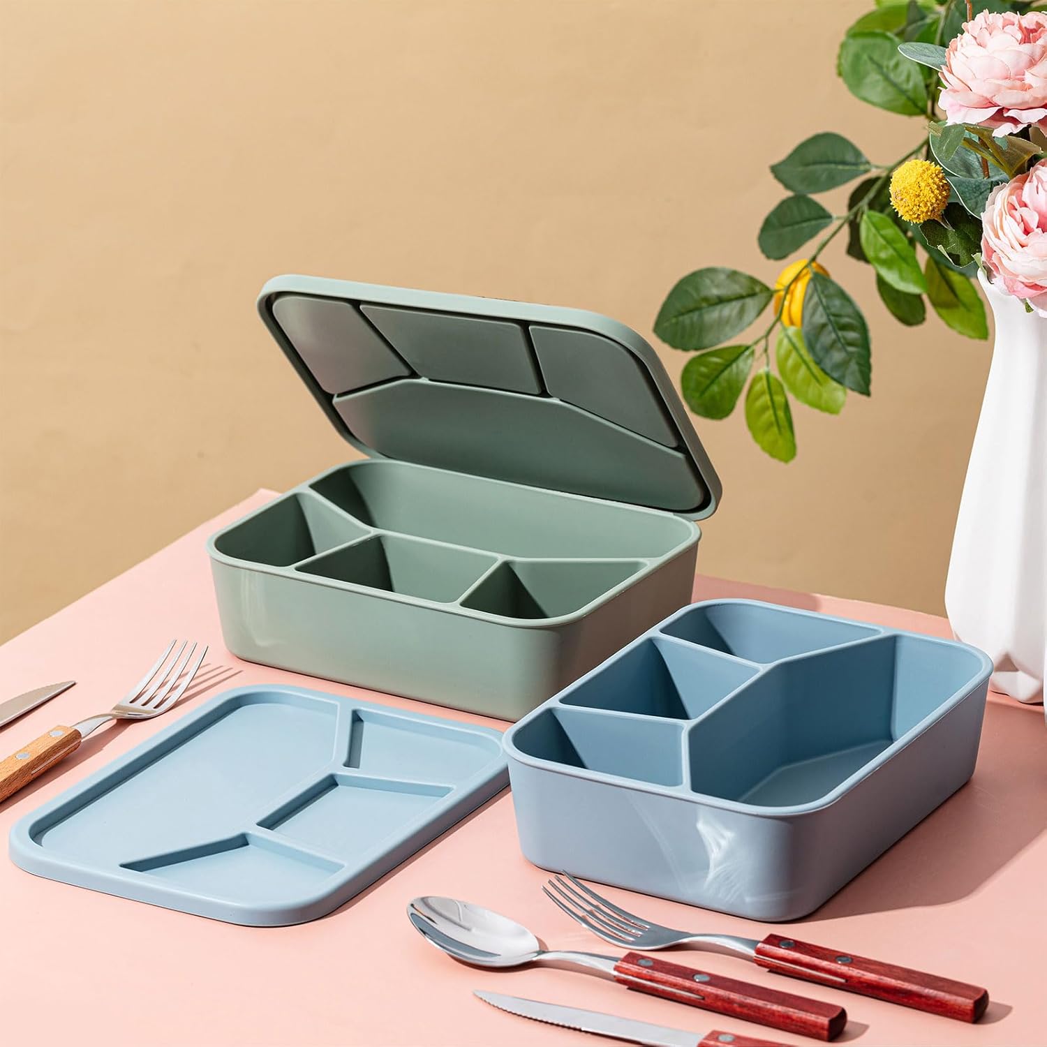 Lonchera Bento de silicona, 2 unidades, a prueba de fugas, con 4 compartimentos, caja de almuerzo rectangular de silicona, 2 colores
