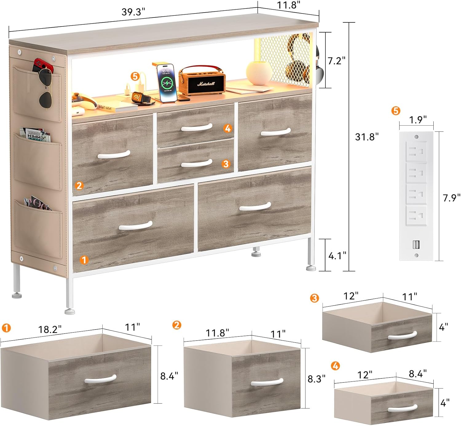 YILQQPER Cómoda para dormitorio, soporte de TV con tomas de corriente y luz LED, cómoda de 6 cajones con bolsillos laterales y ganchos, cómoda ancha