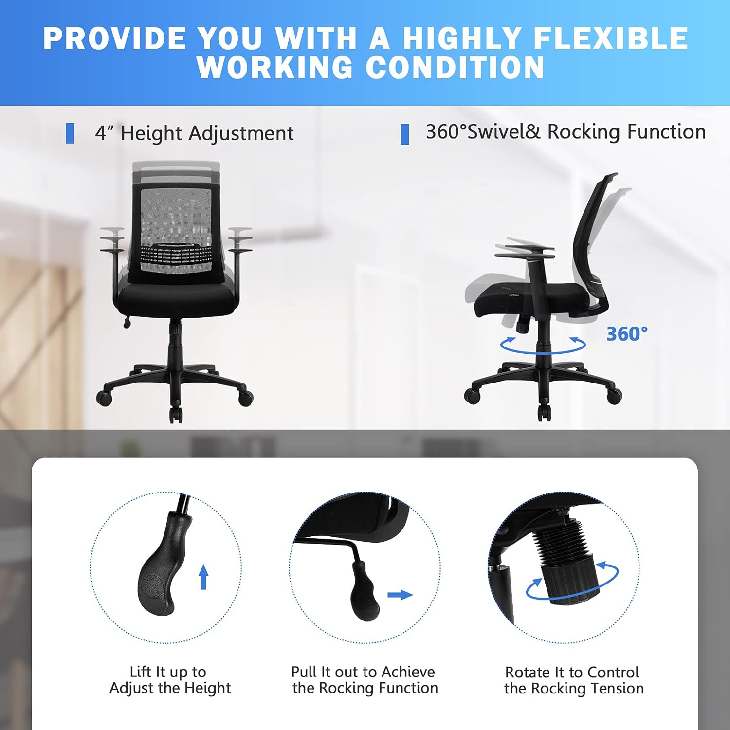Giantex Silla de oficina ejecutiva ergonómica de malla con soporte lumbar ajustable, silla de gestión giratoria con función mecedora, silla de