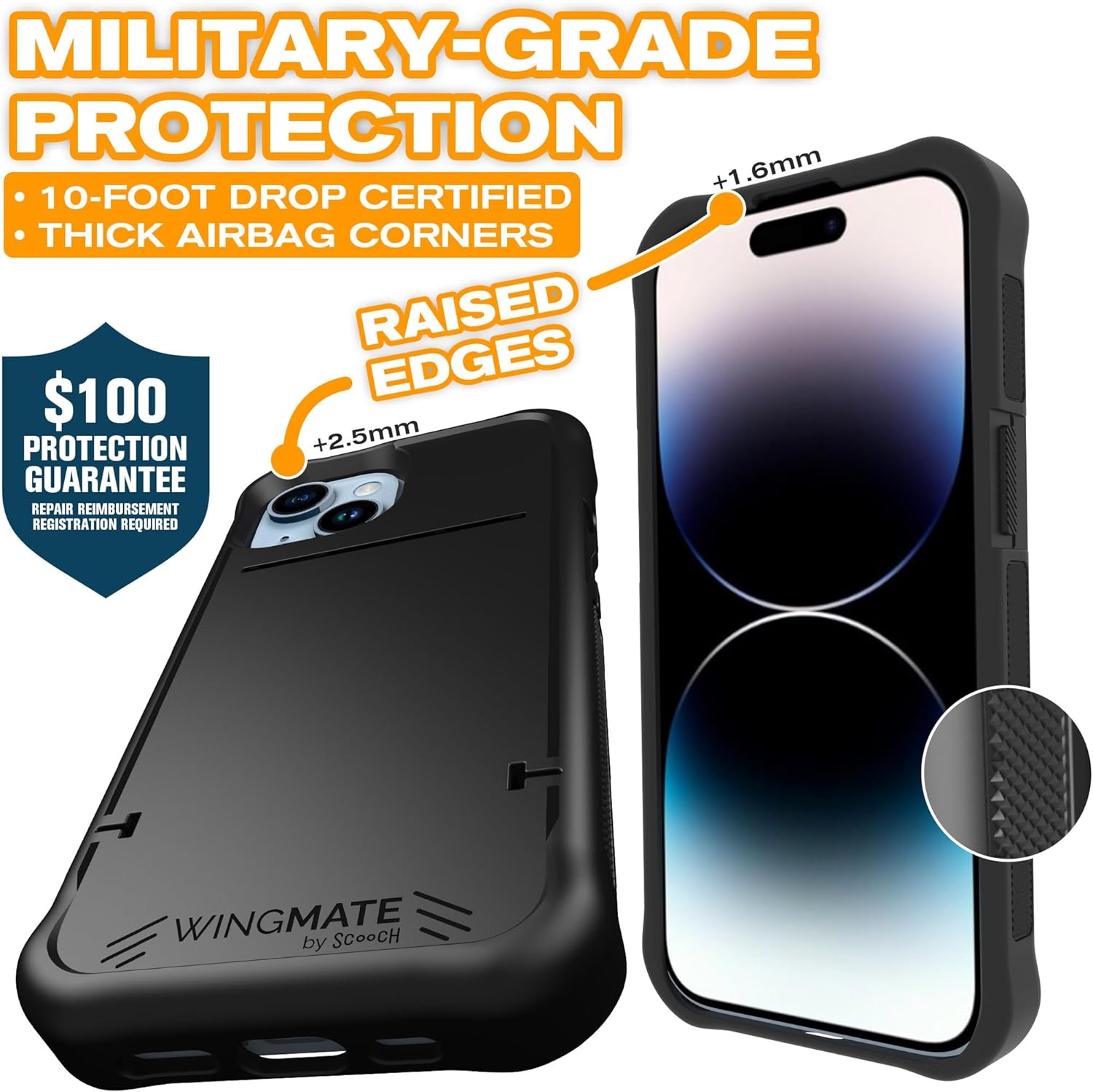 Scooch Wingmate – Funda para iPhone 15 con tarjetero y ranura oculta para tarjetas y protección RFID, capacidad para hasta 4 tarjetas, protección