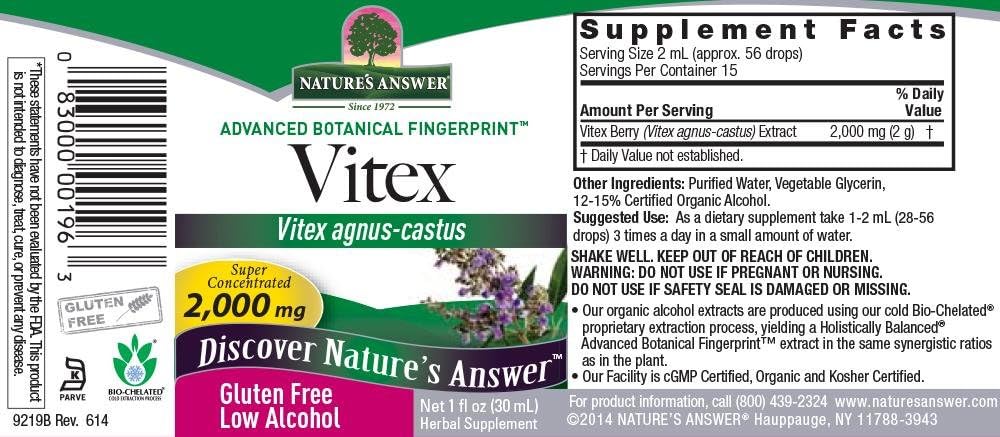 Nature’s Answer Chaste Berry Vitex Agnus Castus con alcohol orgánico 2000 mg de extracto de 1 onza  Promueve el equilibrio femenino  Sin gluten, sin