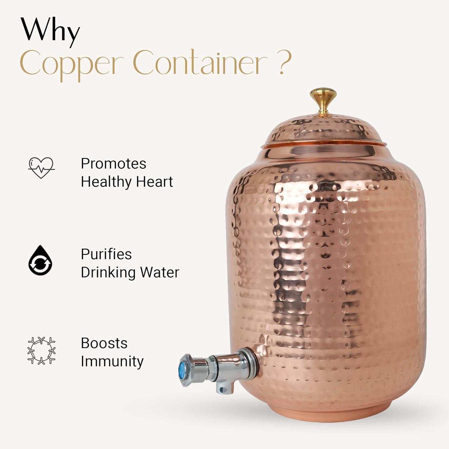 Dispensador de agua de 1.32 galones5 litros, dispensador de agua de bebida con 2 botellas de vidrio de cobre y agua de cobre martillado 100% puro
